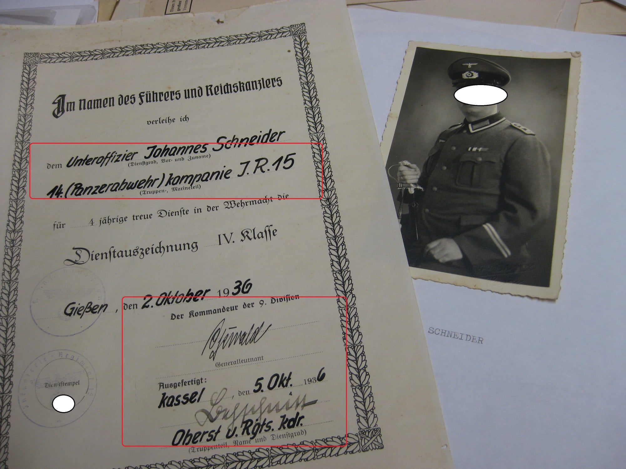 Besitzzeugnis Verleihungsurkunde Medaille DA 4 Jahre Wehrmacht