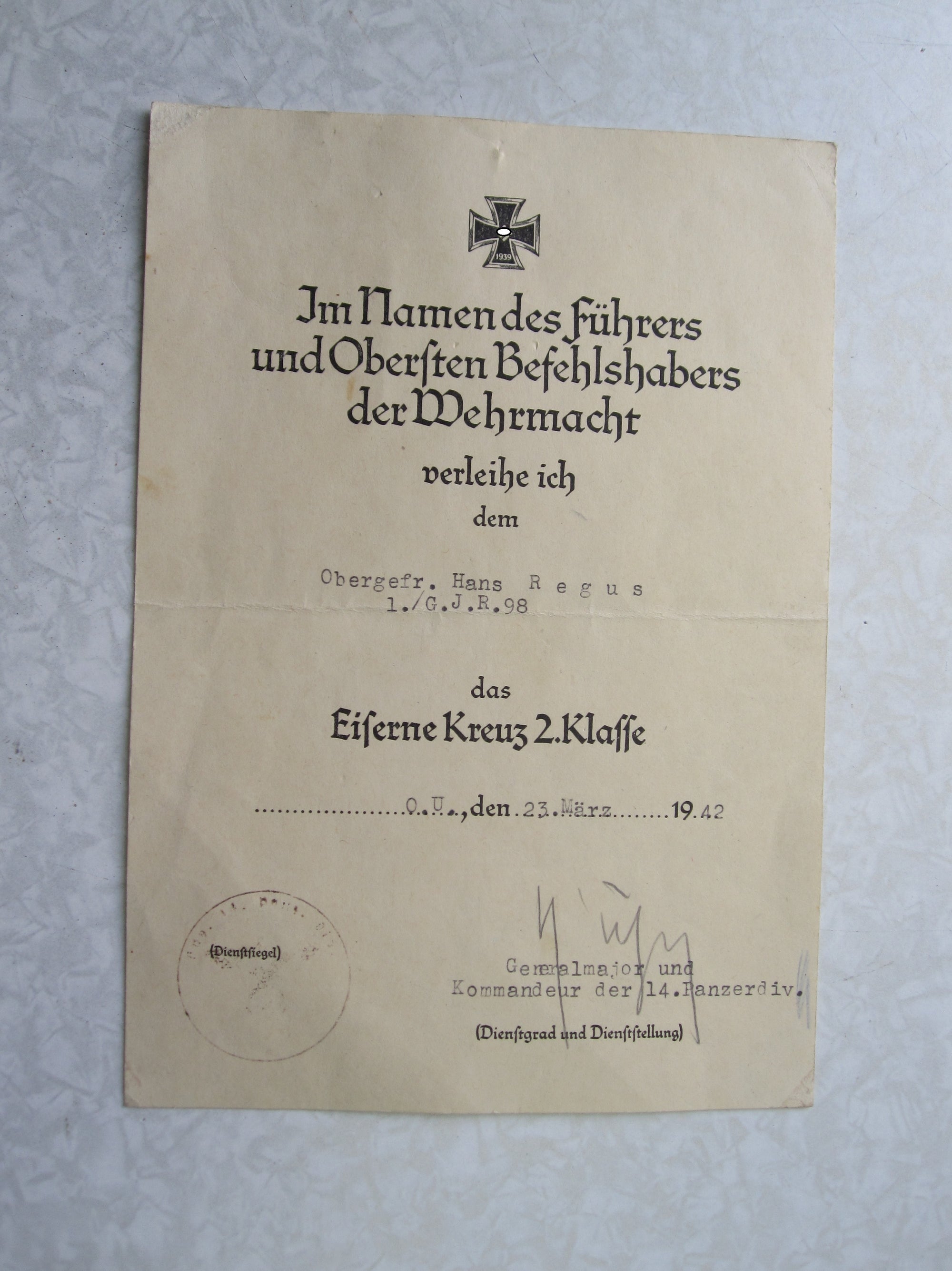 Gebirgsjäger Verleihungsurkunde zum Eisernen Kreuz 2. Klasse (EK2/39)