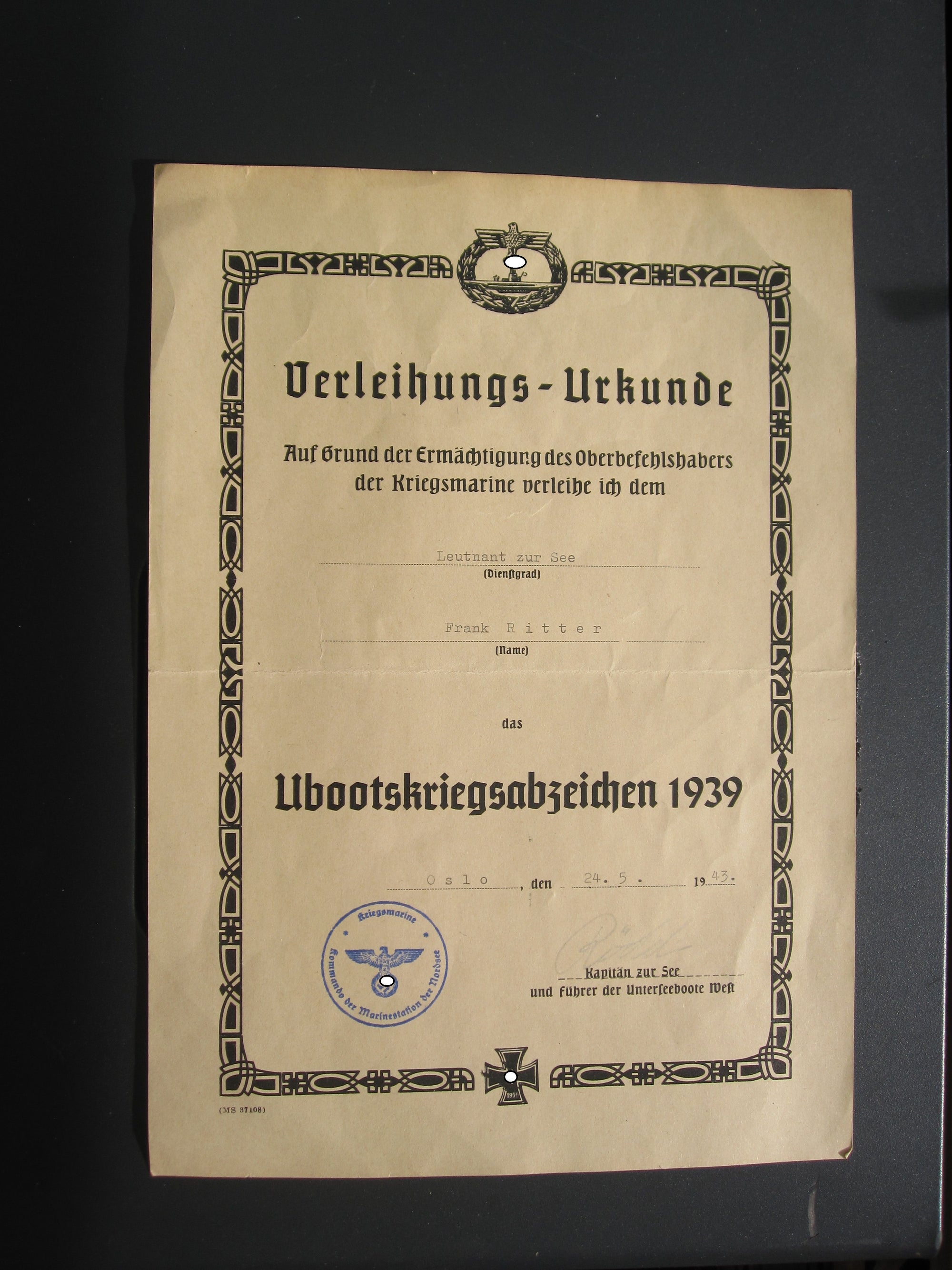 Verleihungsurkunde zum Unterseeboot Kriegsabzeichen Kriegsmarine