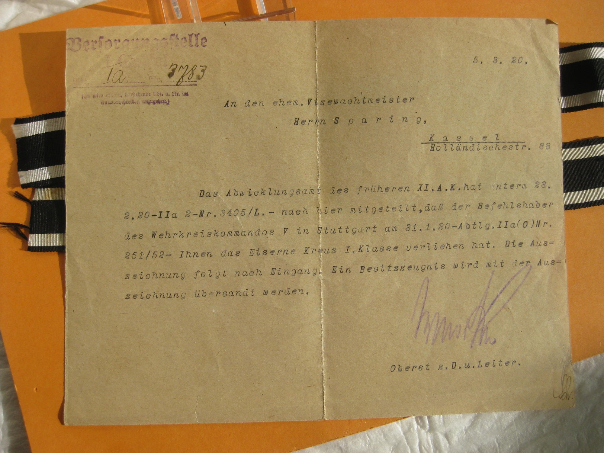 Bescheinigung für das Besitzzeugnis zum EK1/14 Späte Verleihung in 1920 !!!