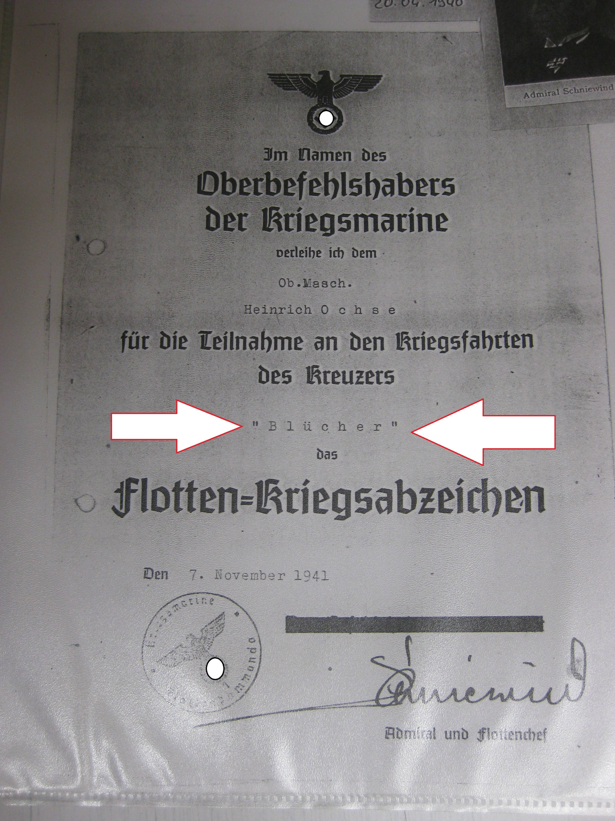Kopie von Verleihungsurkunde Kriegsmarine Flottenkriegsabzeichen  Kreuzer BLÜCHER