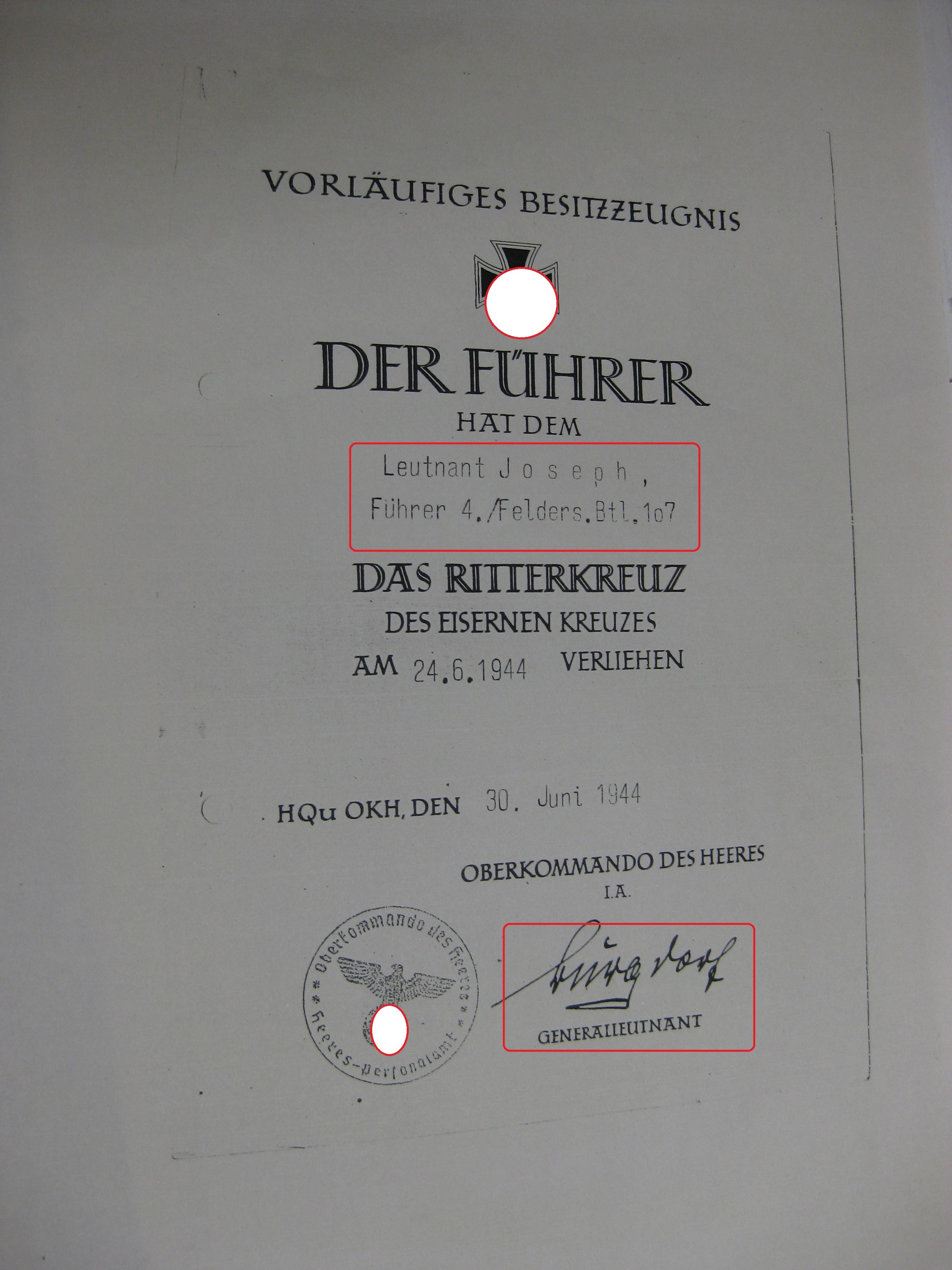 Fotokopie Träger Ritterkreuz des Eisernen Kreuzes