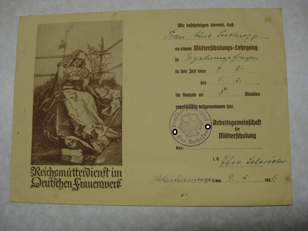 Urkunde deutsches Frauenwerk / Frauenschaft (NSF) 1935