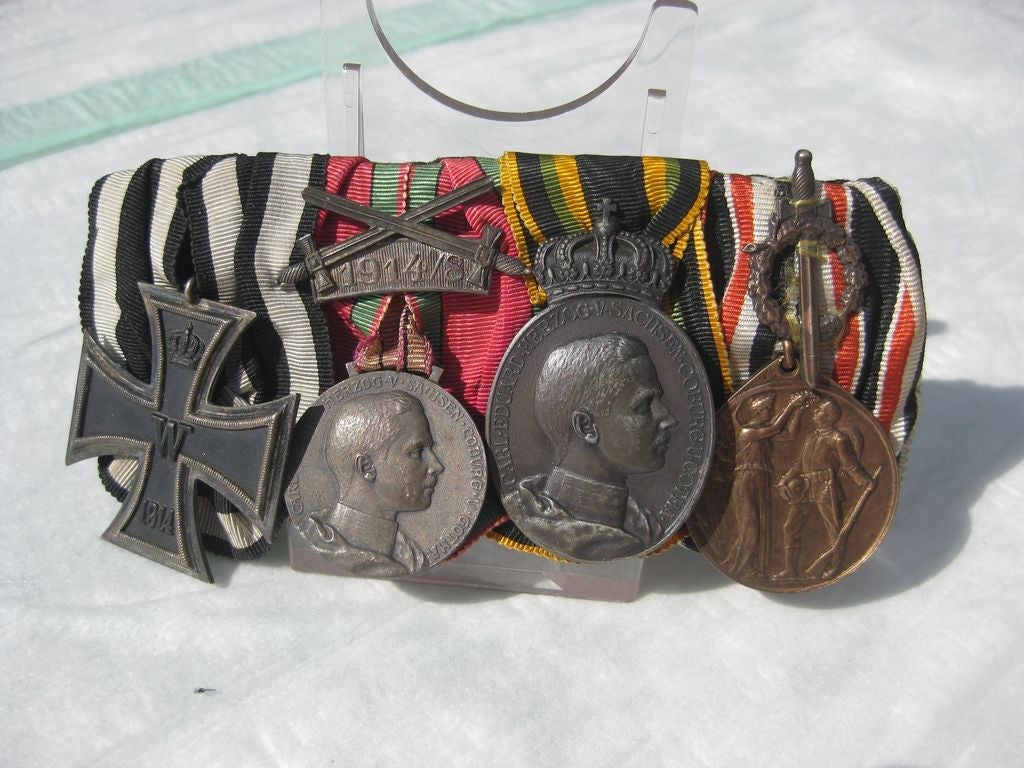 4er Ordenschnalle Ordensspange Eisernes Kreuz 1914 (EK2/14)  silberne Verdienstmedaille Sachsen Coburg Gotha Herzogtum  Kaiserreich