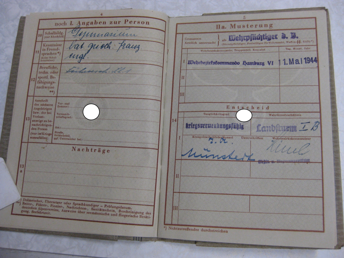 Wehrpaß Pastor Pfarrer Geistlicher Wehrmacht HAMBURG