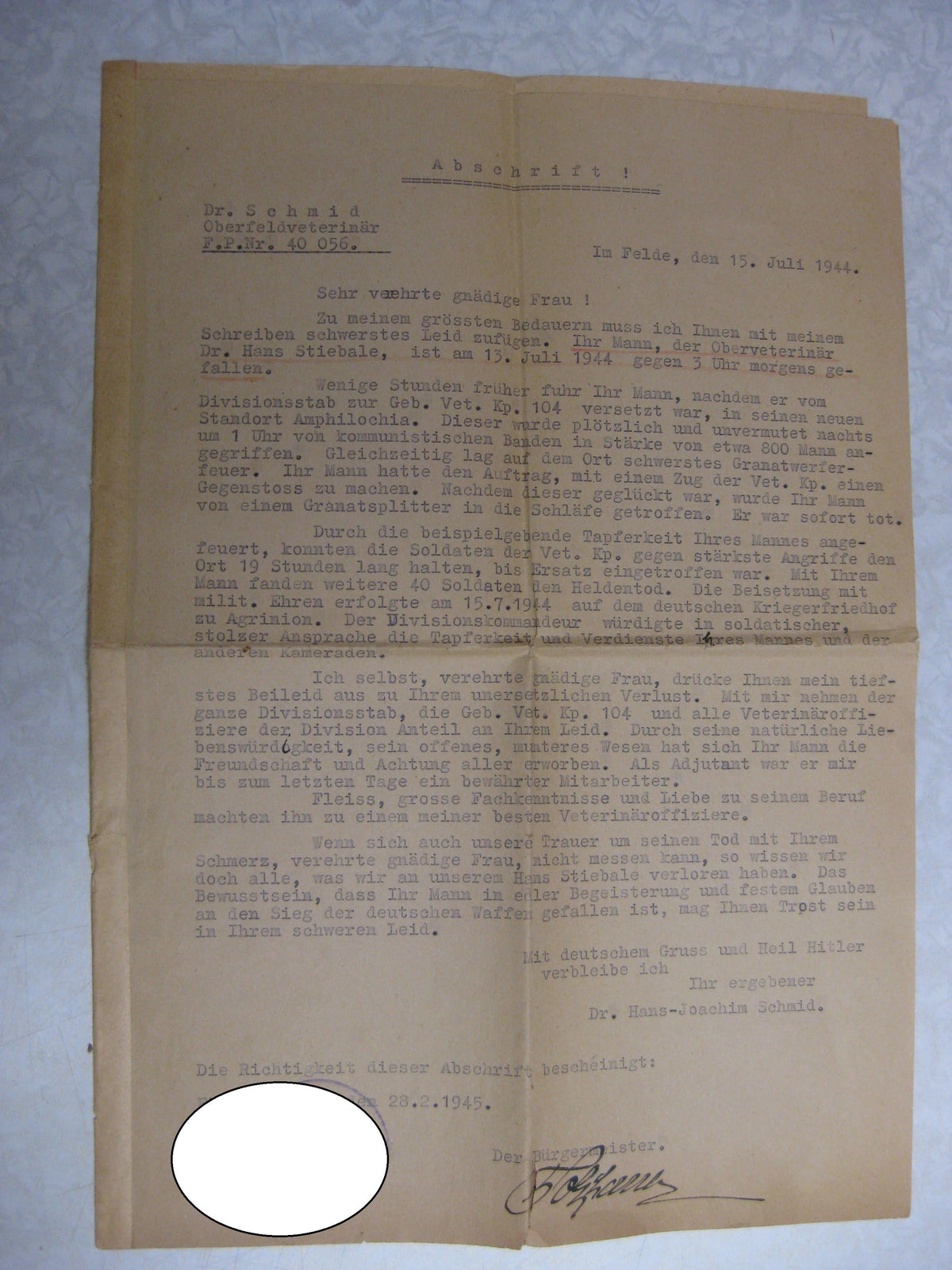 Abschrift Gefallenenurkunde Gebirgs Veterinär Kompanie 104 Griechenland Bandenkampf