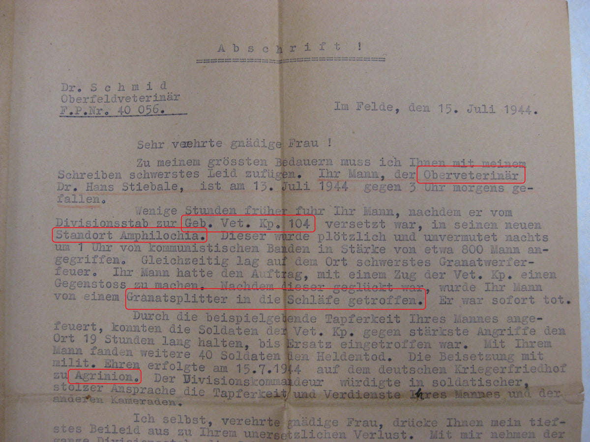 Abschrift Gefallenenurkunde Gebirgs Veterinär Kompanie 104 Griechenland Bandenkampf
