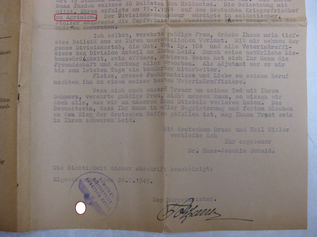 Abschrift Gefallenenurkunde Gebirgs Veterinär Kompanie 104 Griechenland Bandenkampf