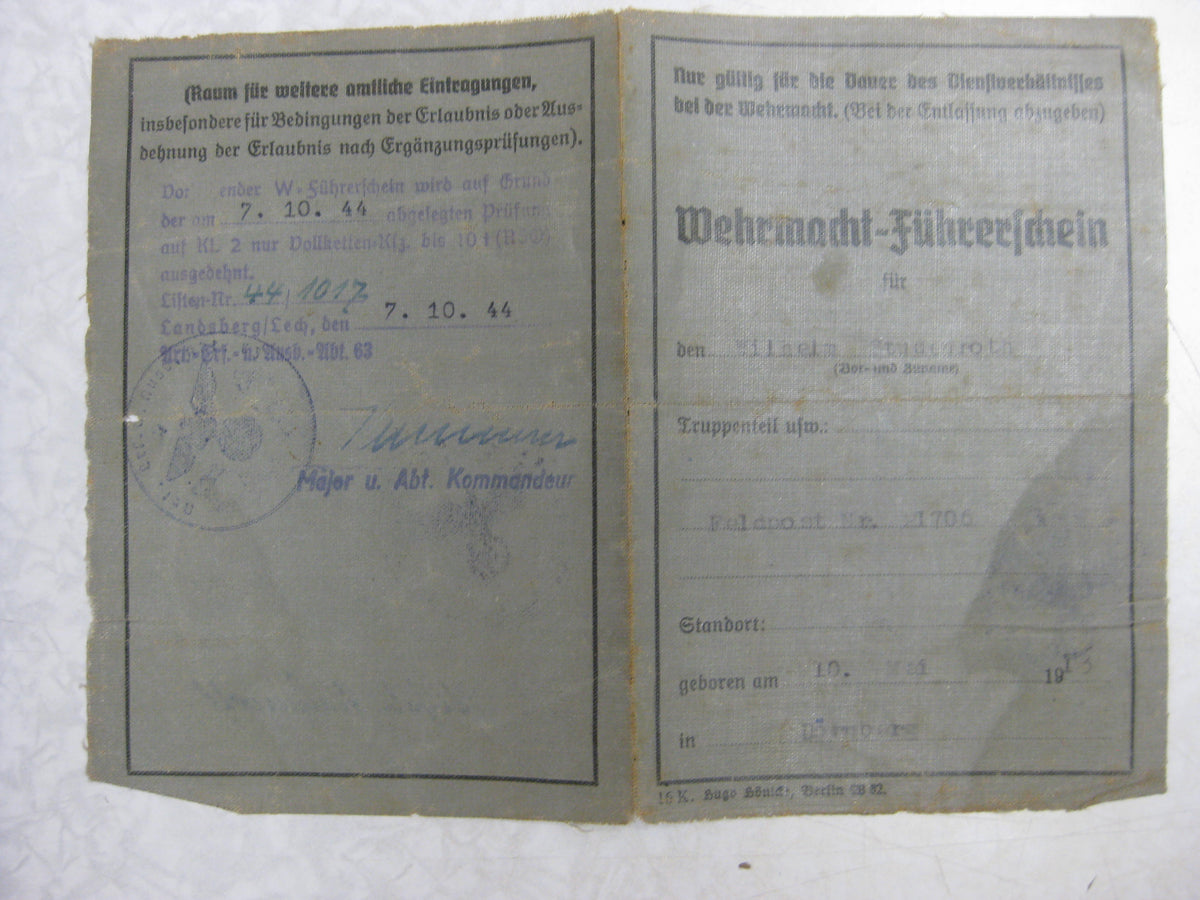 Ausweis Wehrmacht - Führerschein Raupenschlepper OST (RSO)