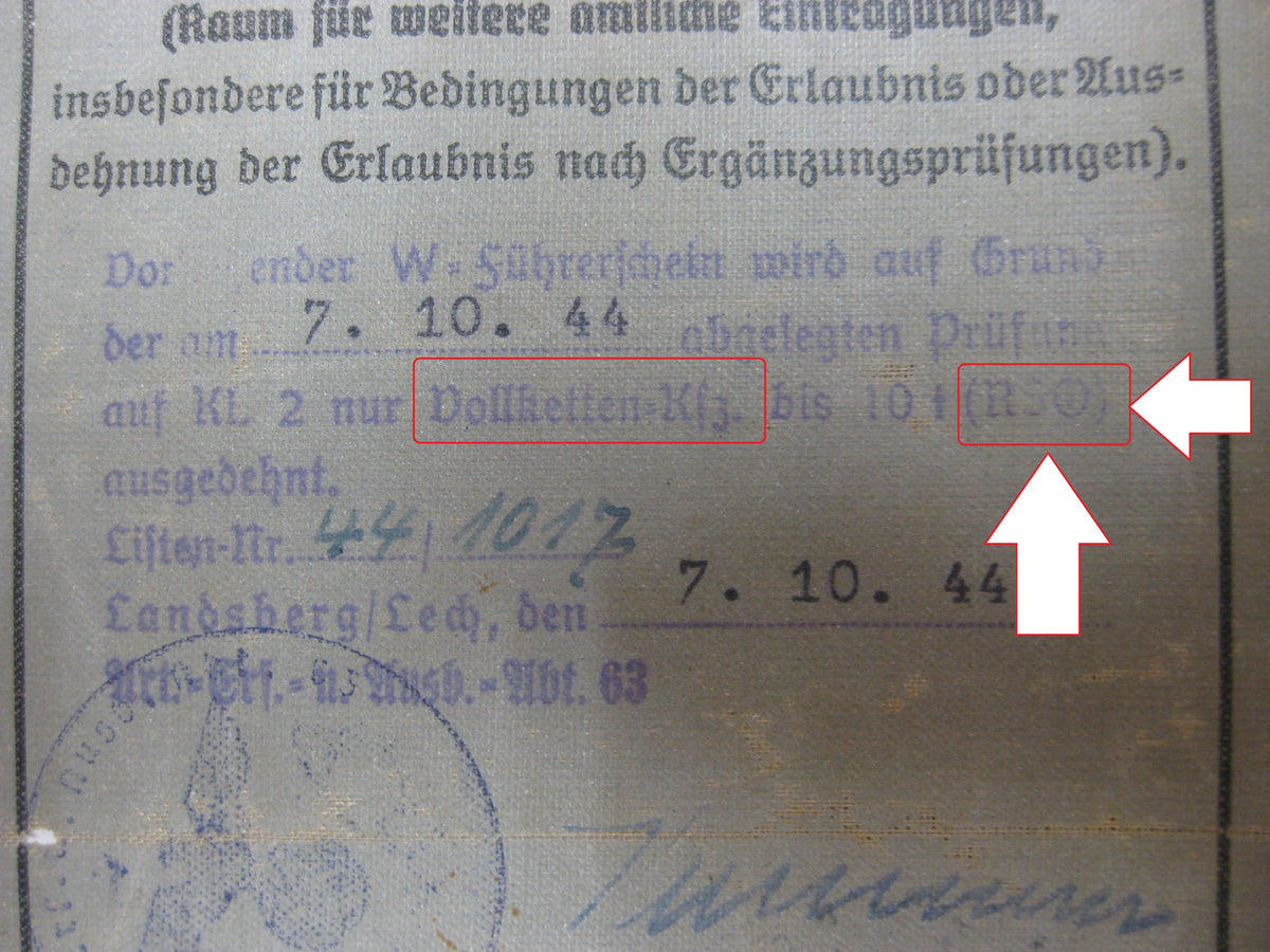 Ausweis Wehrmacht - Führerschein Raupenschlepper OST (RSO)