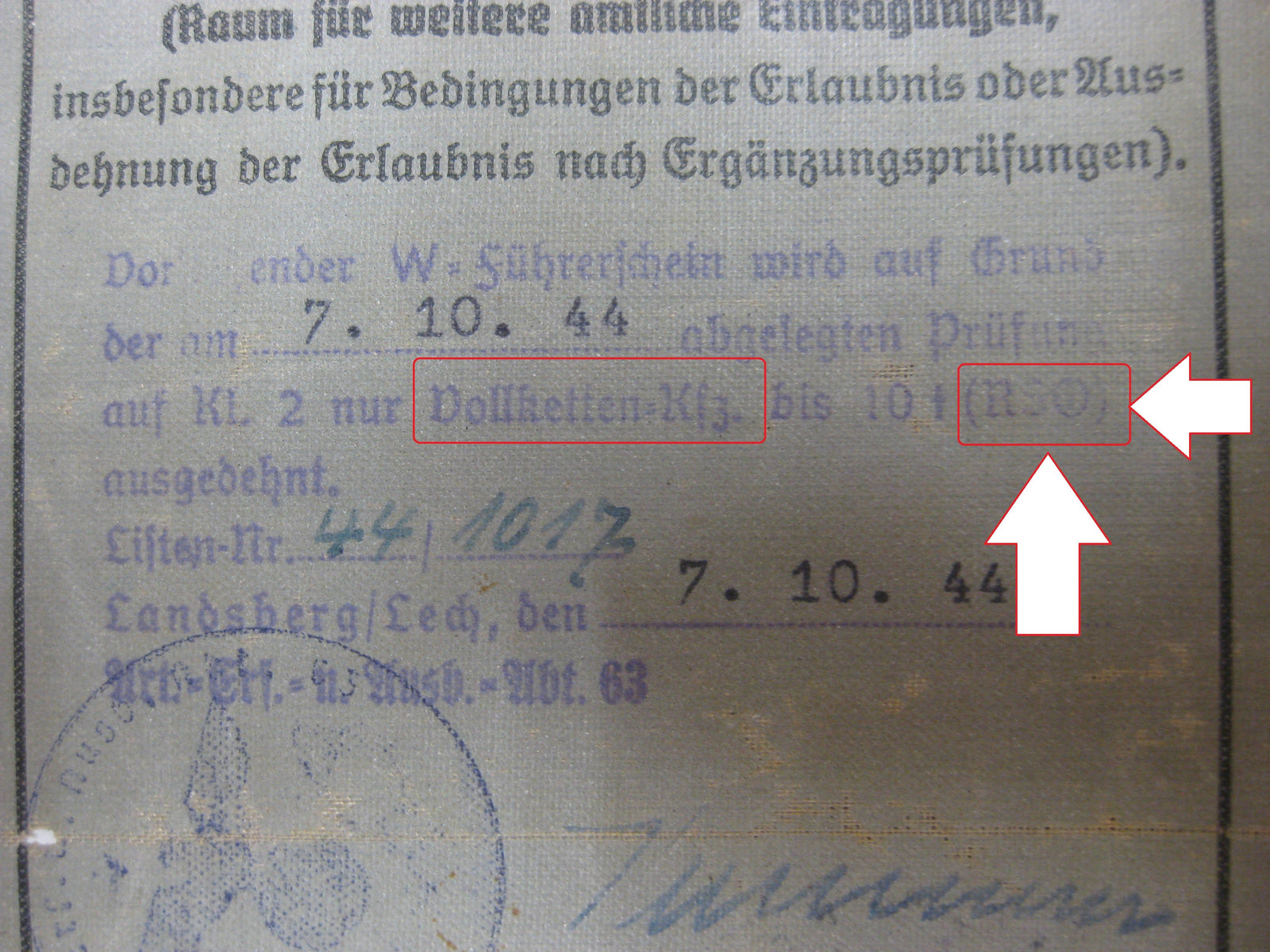 Ausweis Wehrmacht - Führerschein Raupenschlepper OST (RSO)