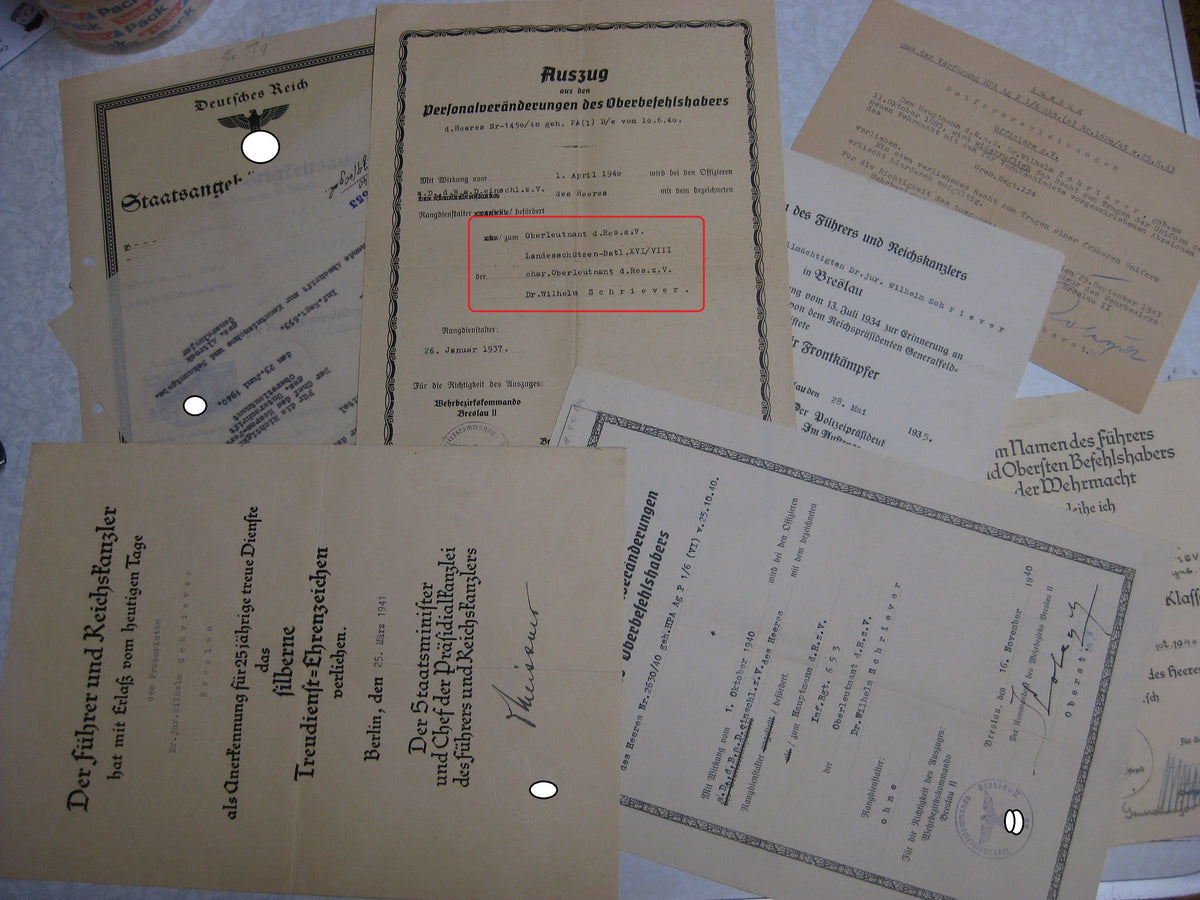 Nachlass Breslau Dokumente Verleihungsurkunden Besitzzeugnis Hauptmann Wehrmacht - Heer