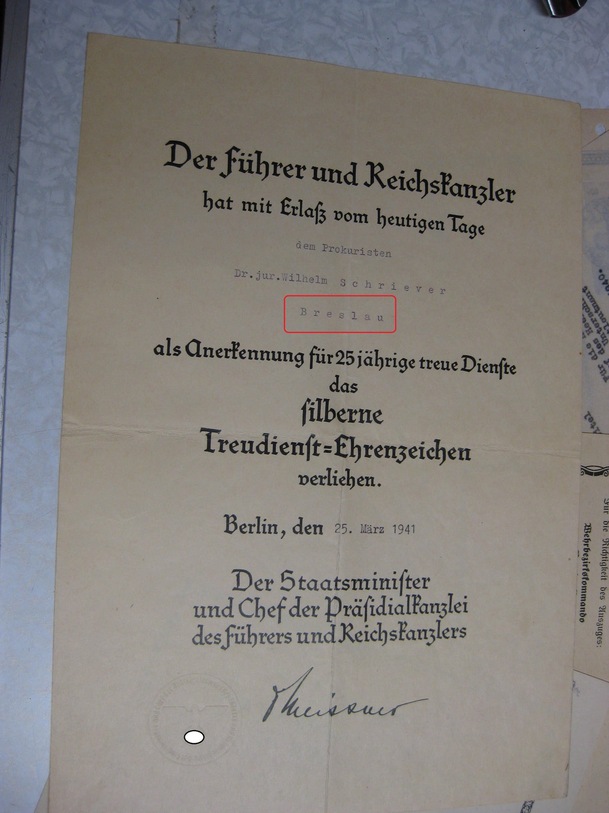 Nachlass Breslau Dokumente Verleihungsurkunden Besitzzeugnis Hauptmann Wehrmacht - Heer