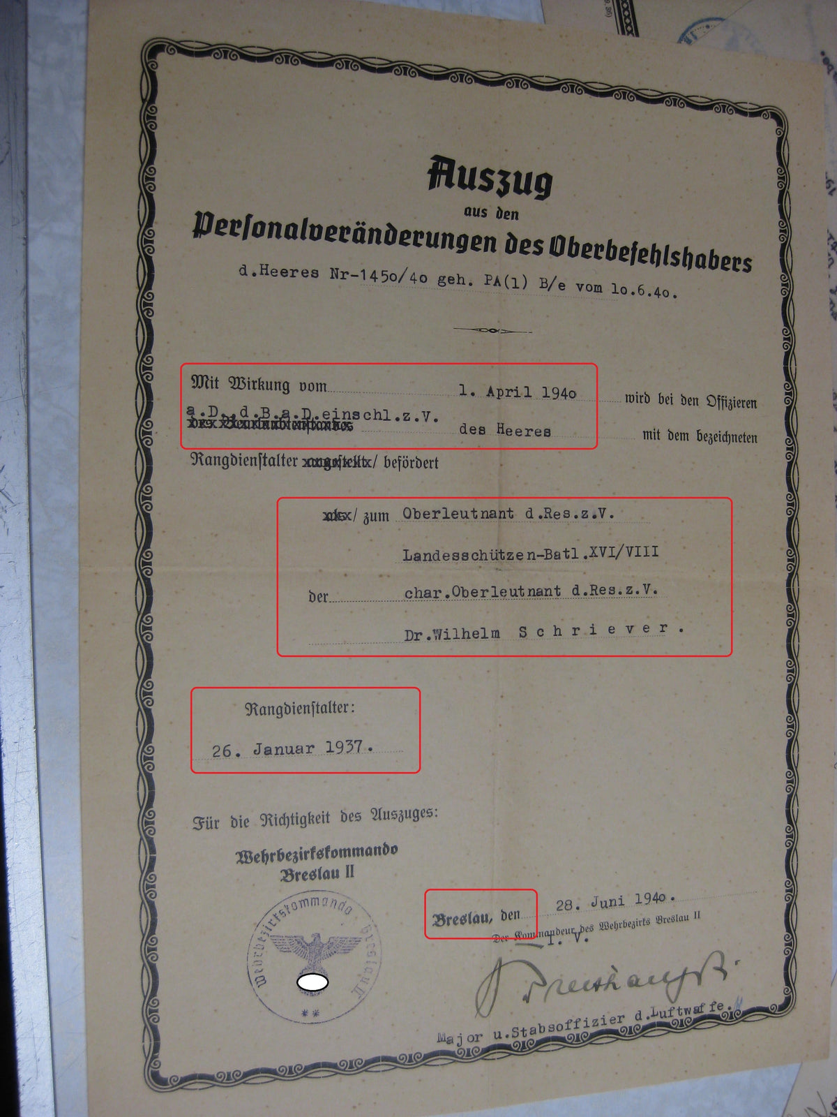 Nachlass Breslau Dokumente Verleihungsurkunden Besitzzeugnis Hauptmann Wehrmacht - Heer