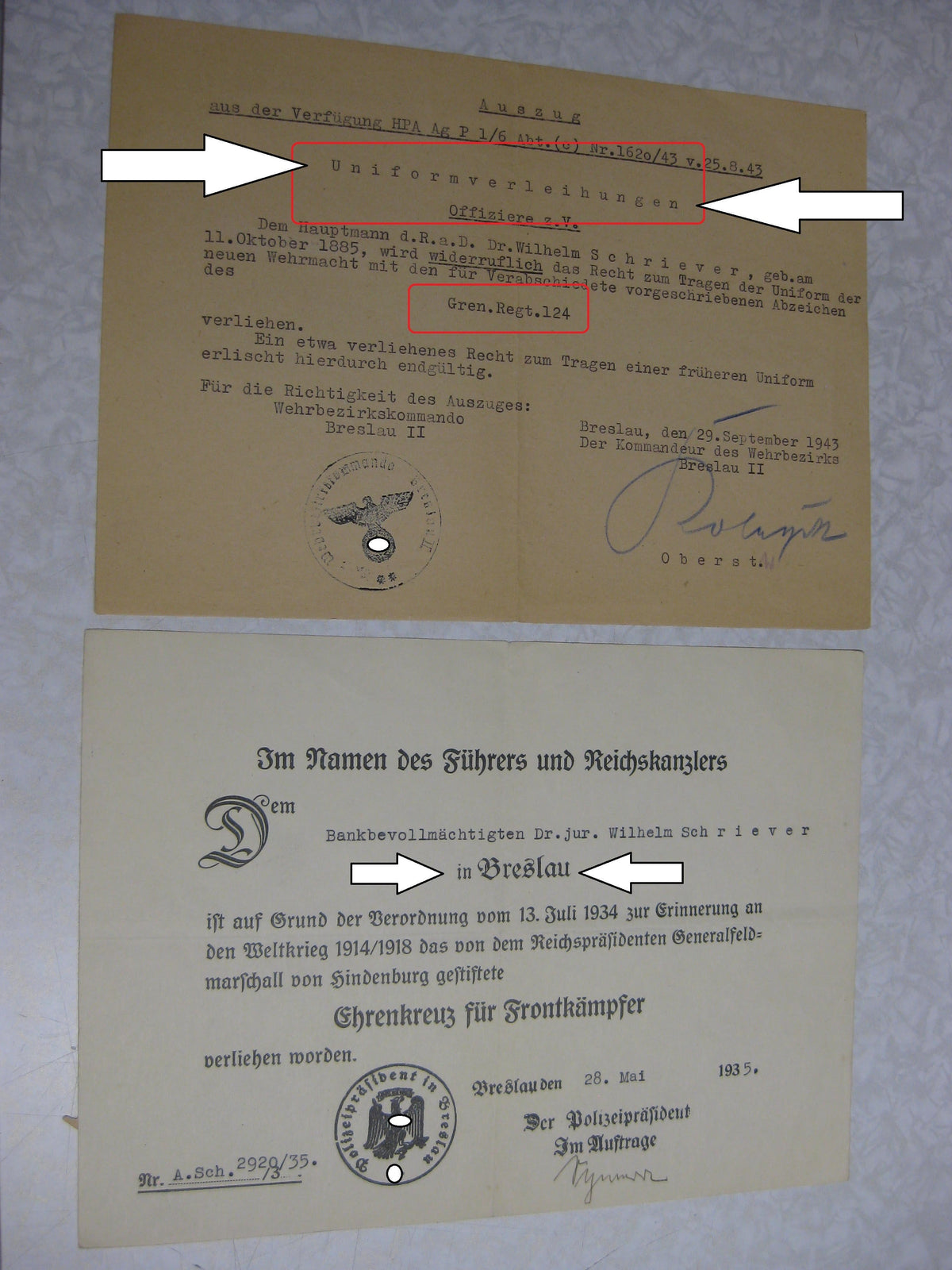 Nachlass Breslau Dokumente Verleihungsurkunden Besitzzeugnis Hauptmann Wehrmacht - Heer