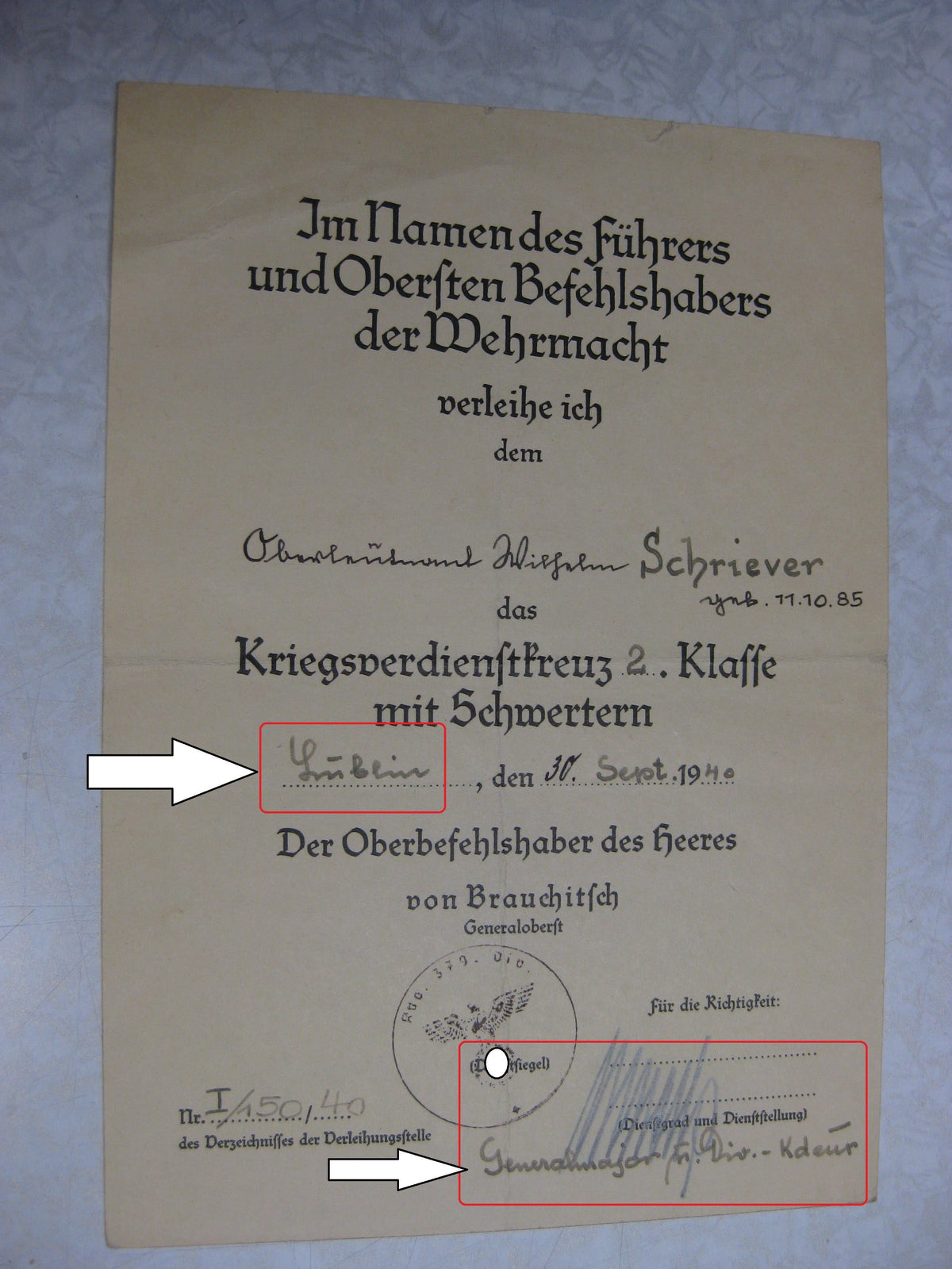 Nachlass Breslau Dokumente Verleihungsurkunden Besitzzeugnis Hauptmann Wehrmacht - Heer