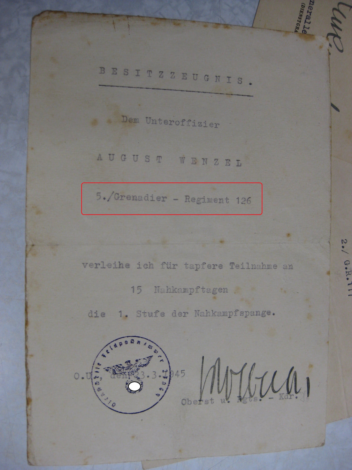 Besitzzeugnis Verleihungsurkunde Eisernes Kreuz Nahkampfspange 1.Stufe Wehrmacht