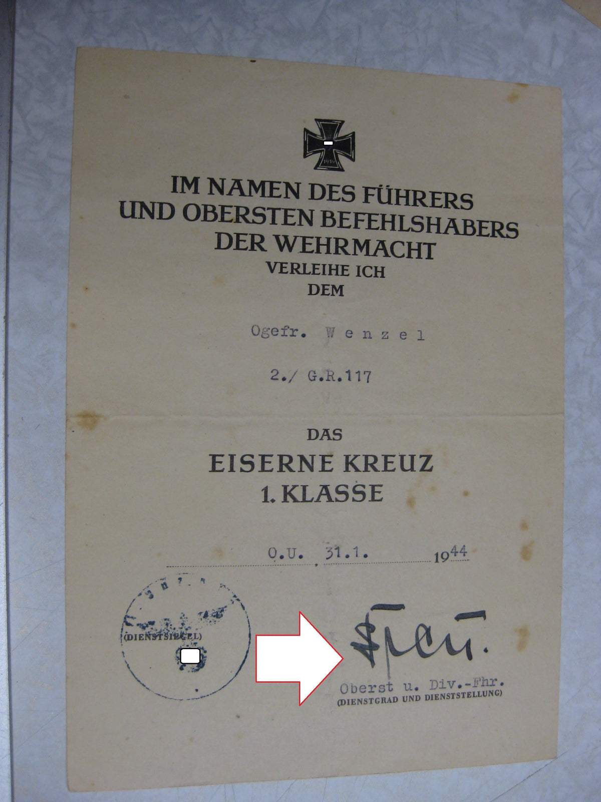 Besitzzeugnis Verleihungsurkunde Eisernes Kreuz Nahkampfspange 1.Stufe Wehrmacht