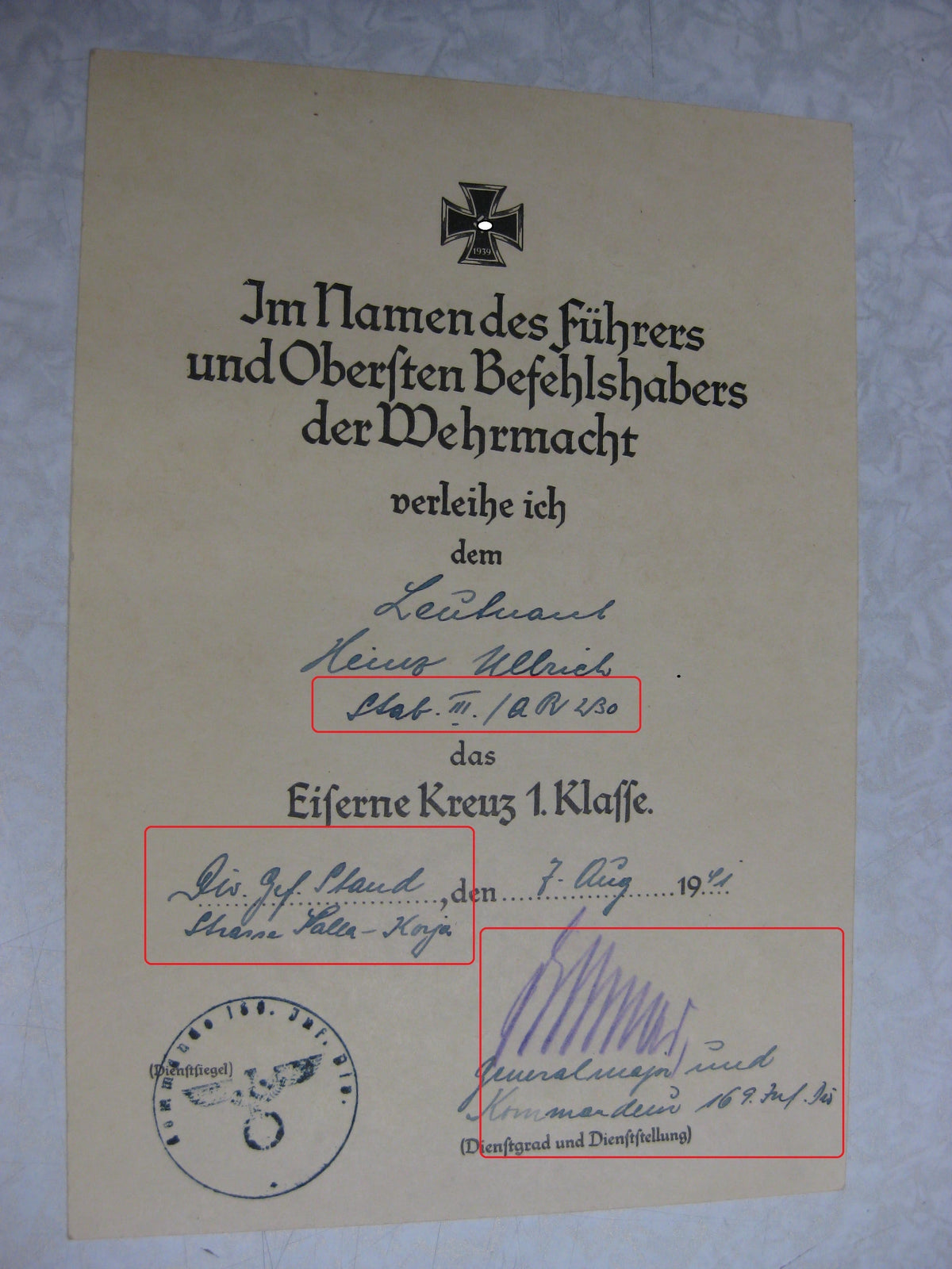 Besitzzeugnis Verleihungsurkunde Eisernes Kreuz Nordfront Finnland Lappland Norwegen Wehrmacht