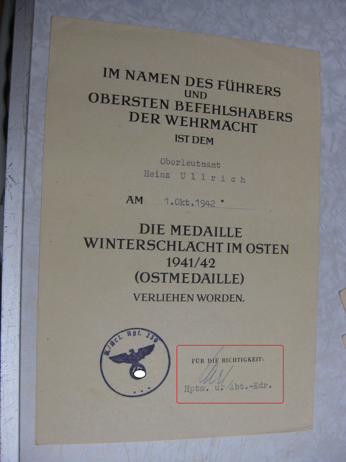 Besitzzeugnis Verleihungsurkunde Eisernes Kreuz Nordfront Finnland Lappland Norwegen Wehrmacht