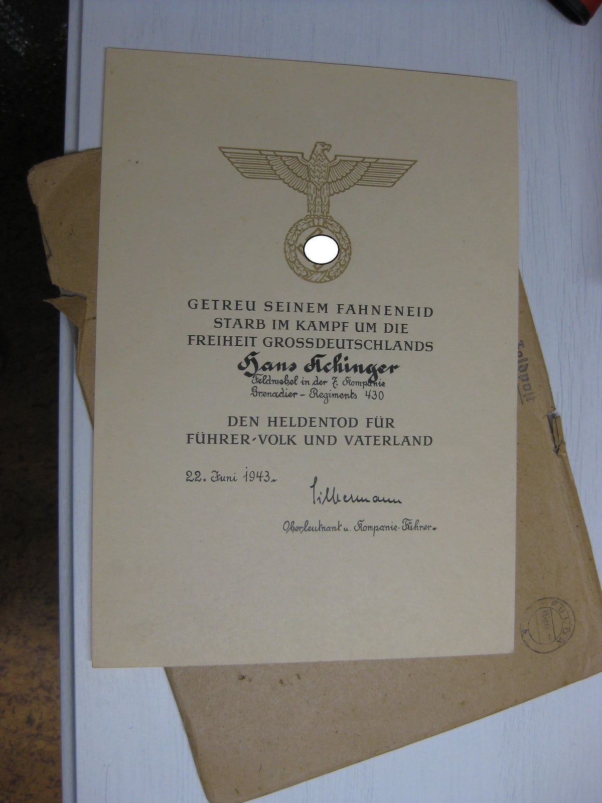 Gefallenenurkunde FULDA / Hessen 1943 gefallen in Russland