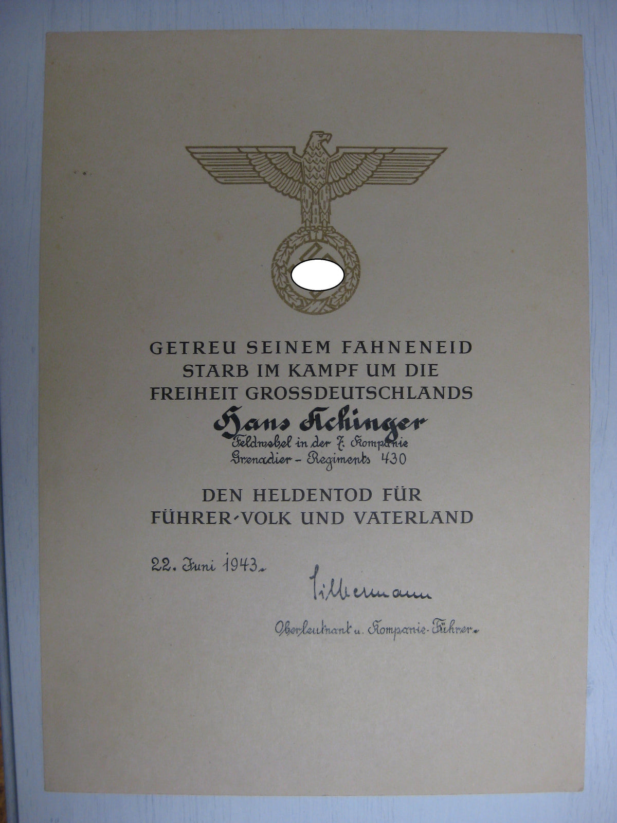 Gefallenenurkunde FULDA / Hessen 1943 gefallen in Russland