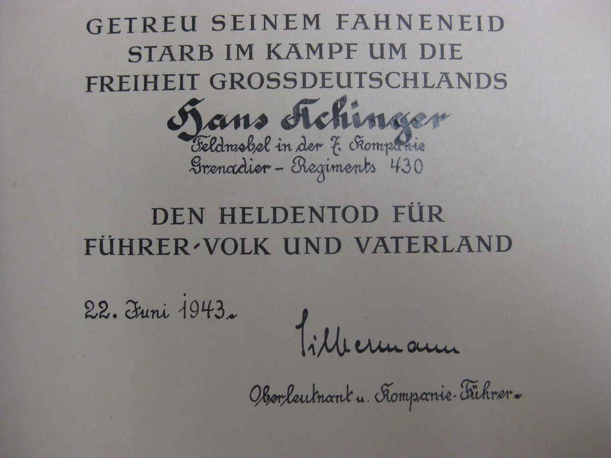 Gefallenenurkunde FULDA / Hessen 1943 gefallen in Russland