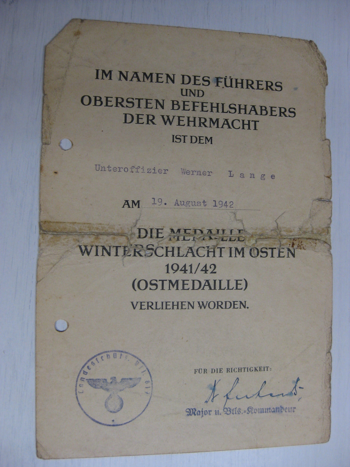 Besitzzeugnis Verleihungsurkunden Wuppertal / Wolchow etc etc  Wehrmacht