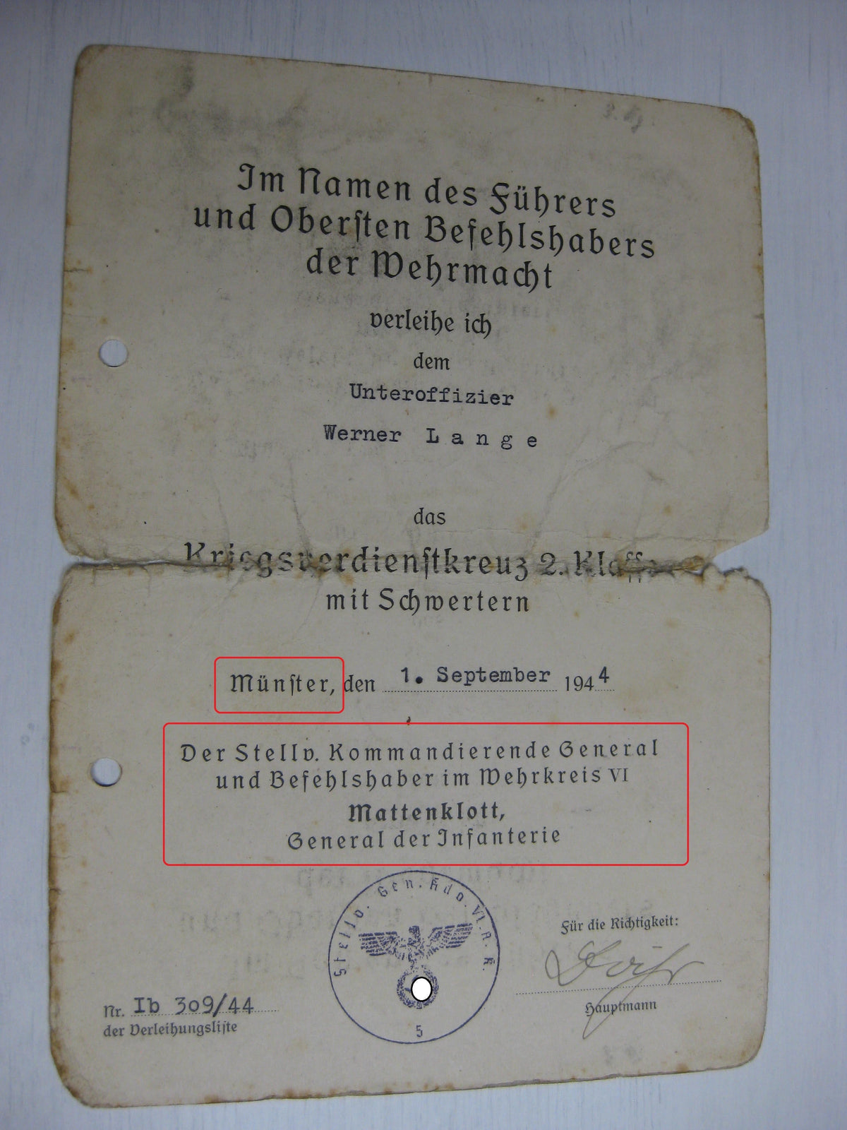 Besitzzeugnis Verleihungsurkunden Wuppertal / Wolchow etc etc  Wehrmacht