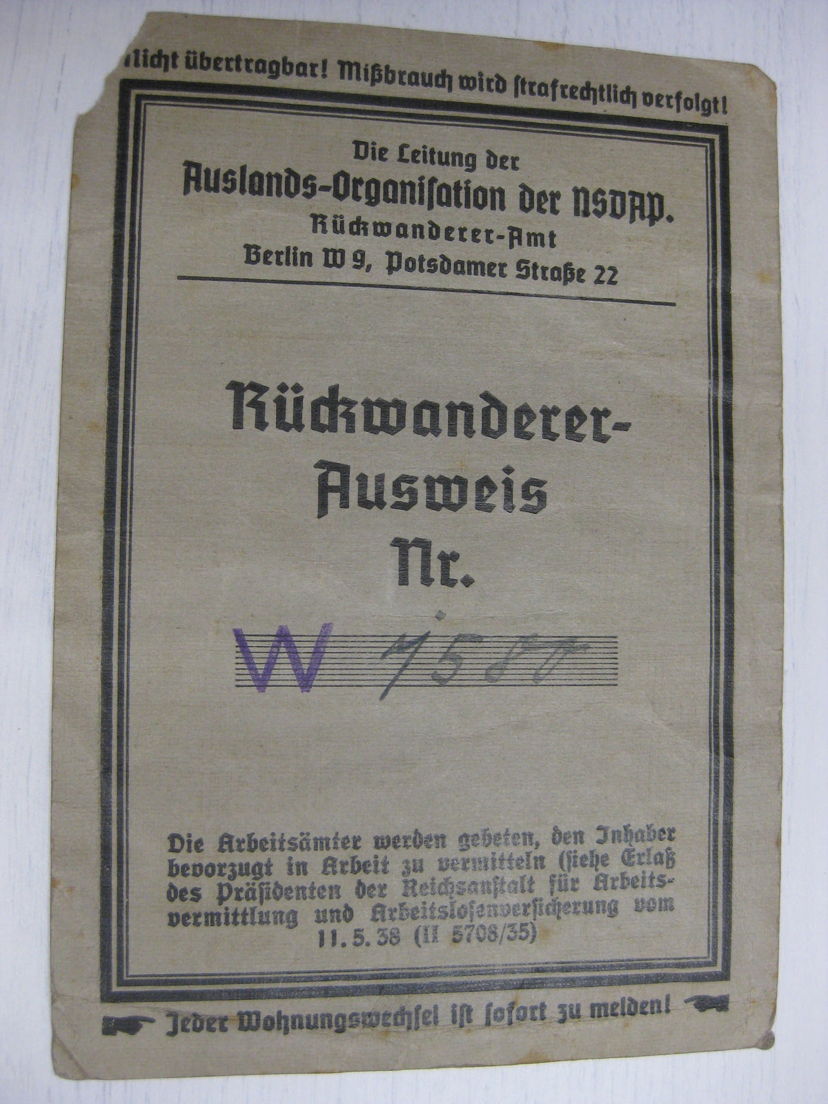 Verleihungsurkunden Rückwanderer Ausweis !! ehemaliger Fremdenlegionär !!