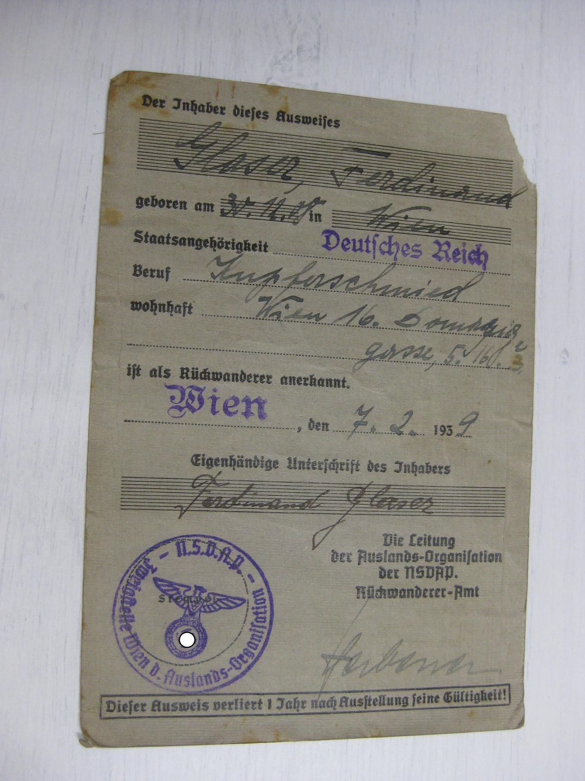 Verleihungsurkunden Rückwanderer Ausweis !! ehemaliger Fremdenlegionär !!