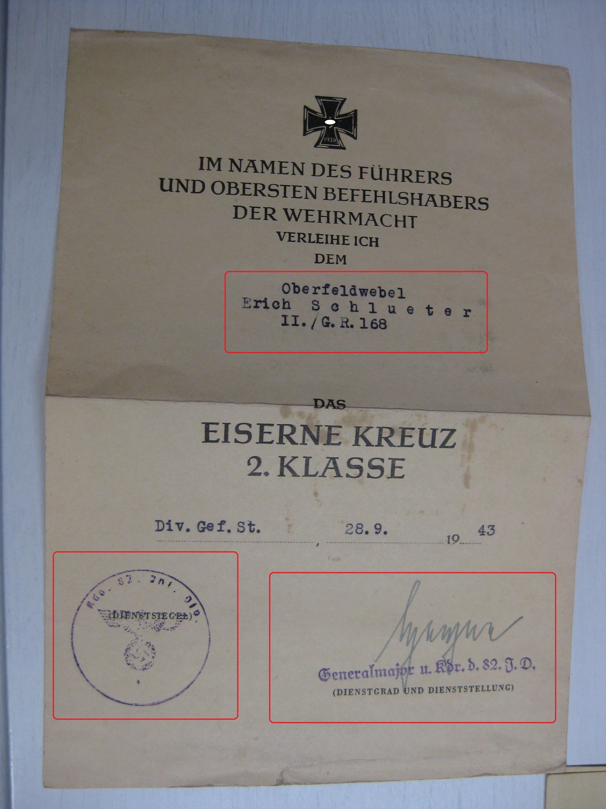 Besitzzeugnis Verleihungsurkunde Eisernes Kreuz Wehrmacht gefallen in Shitomir Russland Ostfront