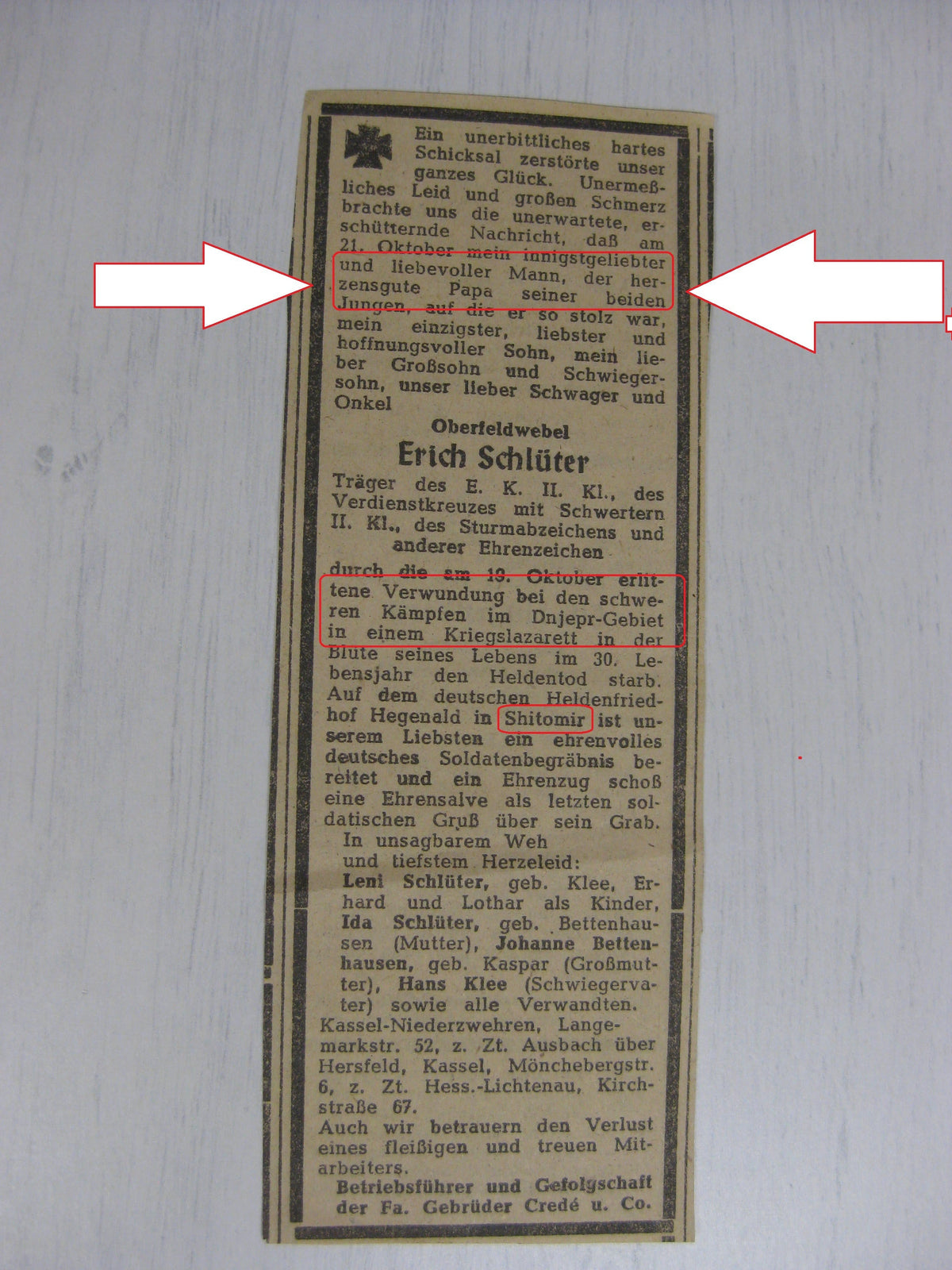 Besitzzeugnis Verleihungsurkunde Eisernes Kreuz Wehrmacht gefallen in Shitomir Russland Ostfront