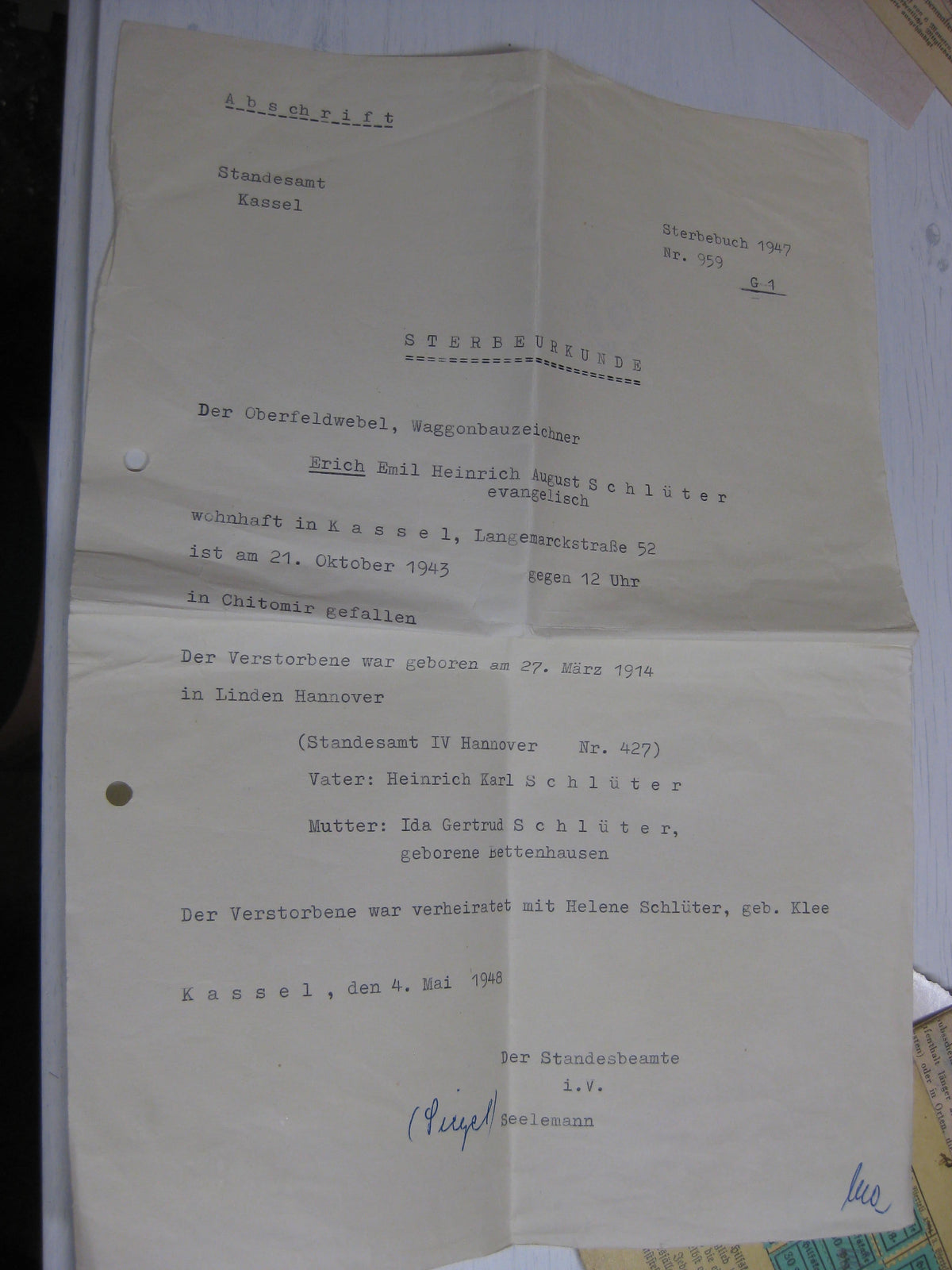 Besitzzeugnis Verleihungsurkunde Eisernes Kreuz Wehrmacht gefallen in Shitomir Russland Ostfront