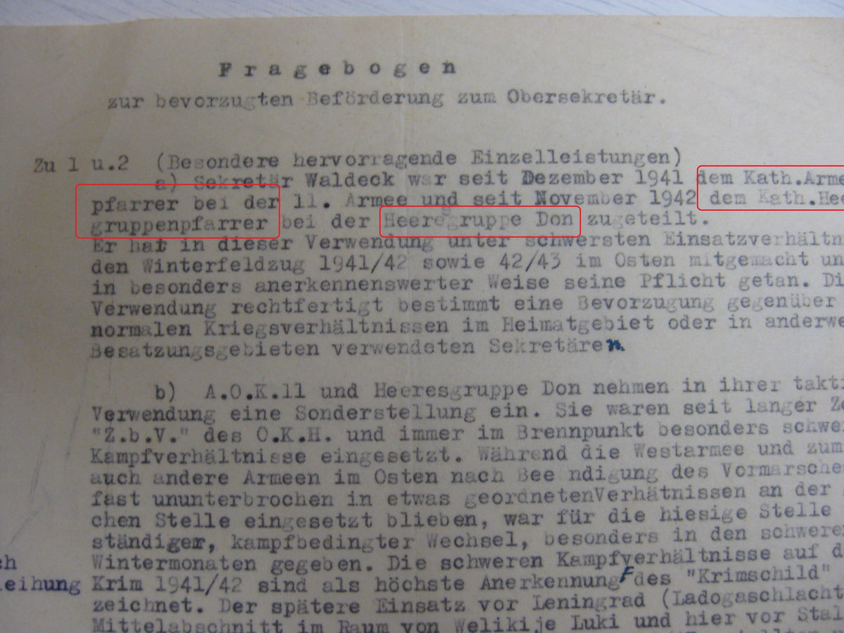Dokumente Heeresbeamter beim Heeresgruppenpfarrer Heeresgruppe DON Wehrmacht Berufssoldat Beförderungsurkunden Russland Ostfront  etc