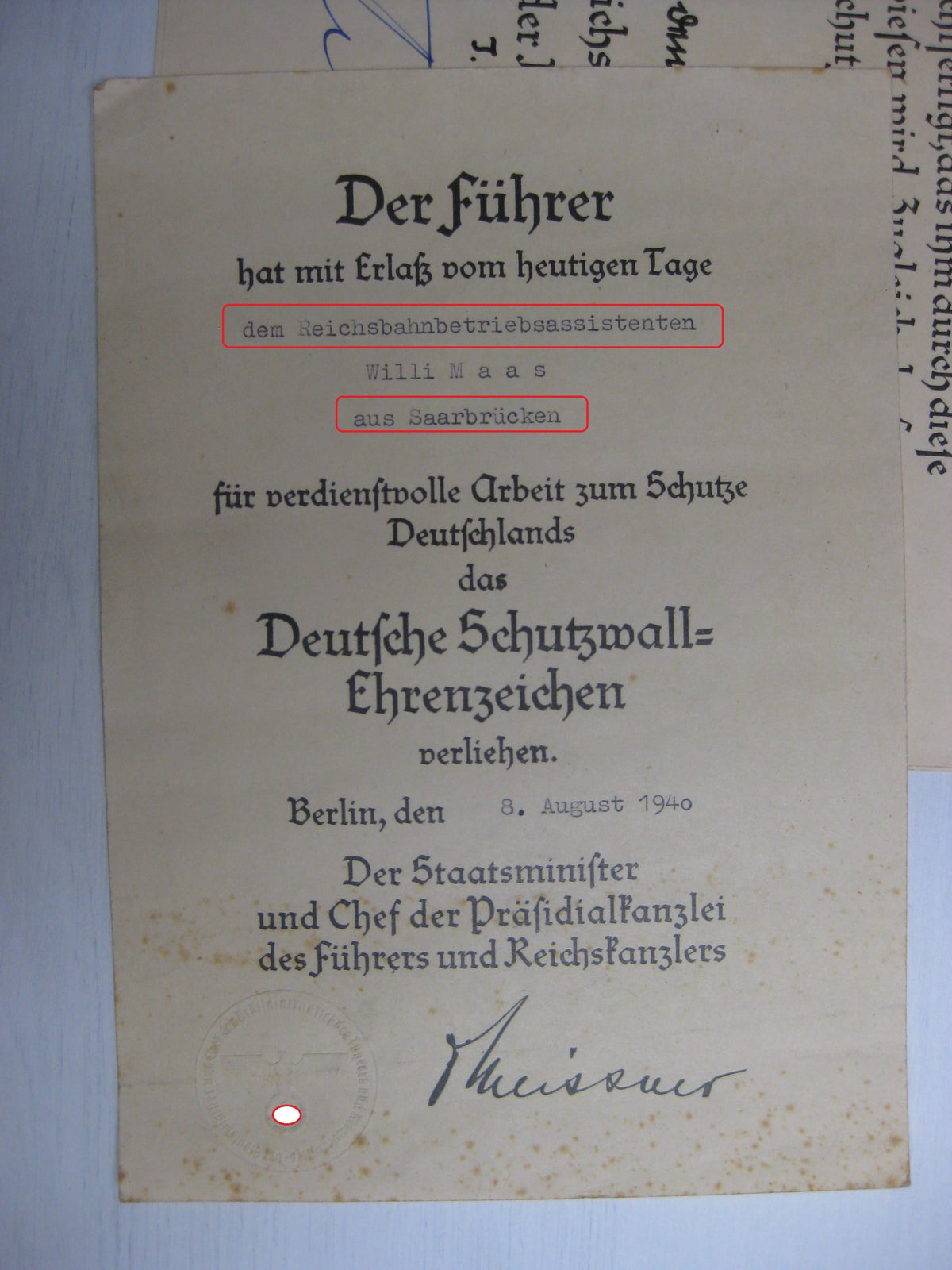 Dokumente Reichsbahn Saarbrücken Eisenbahn Beförderungsurkunden Verleihungsurkunde