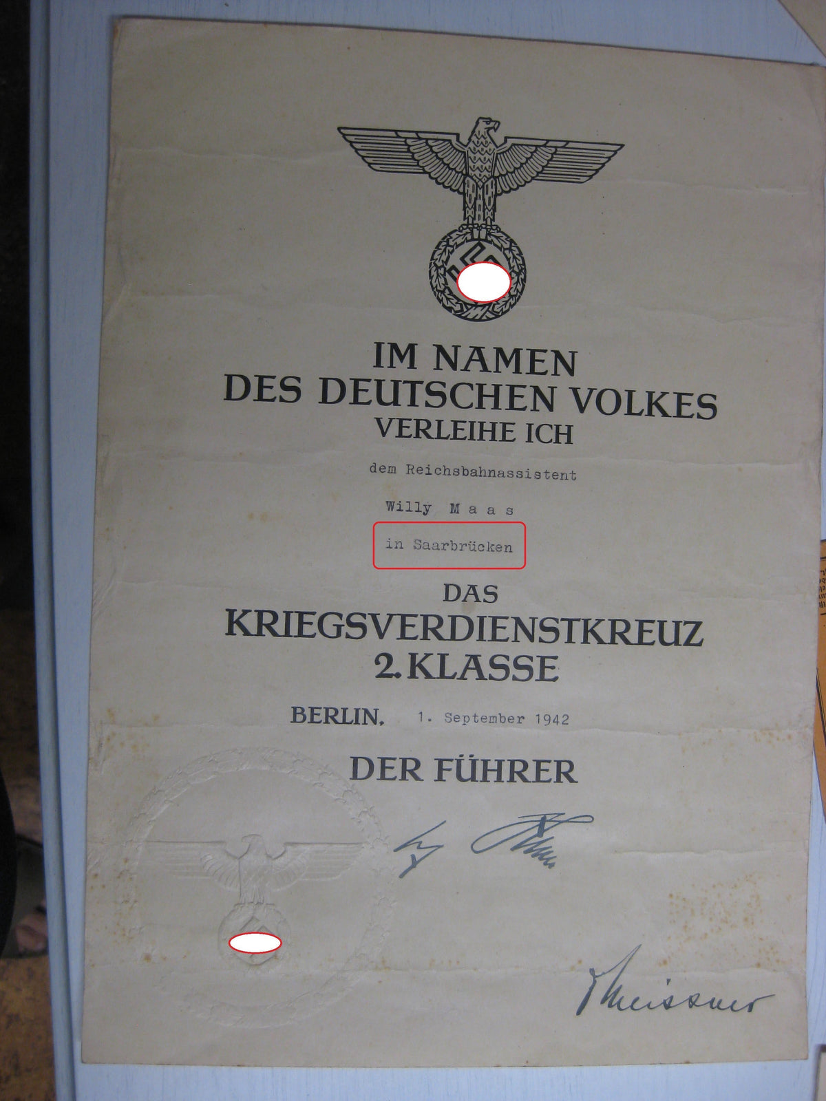 Dokumente Reichsbahn Saarbrücken Eisenbahn Beförderungsurkunden Verleihungsurkunde