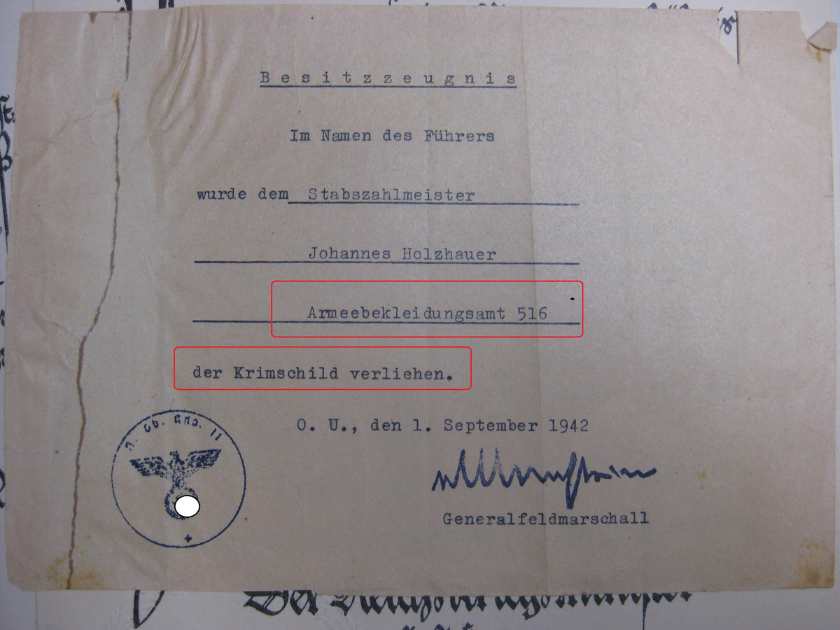 Besitzzeugnis Krimschild Verleihungsurkunden Militärpass Oberstabsintendant / Major Wehrmacht  Russland Ostfront