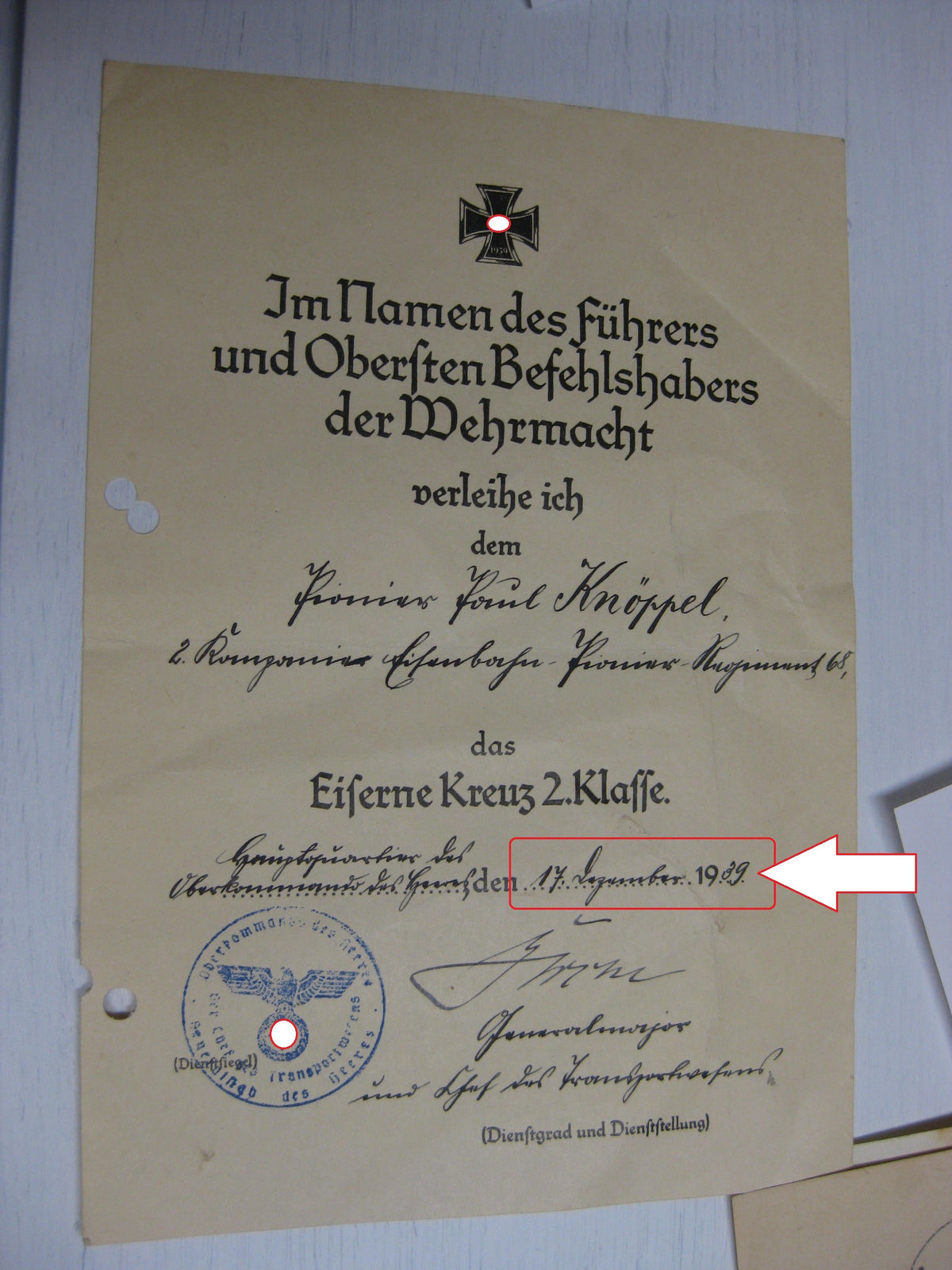 Besitzzeugnis Verleihungsurkunden Eisernes Kreuz Orden Wehrmacht Verleihung im Polenfeldzug