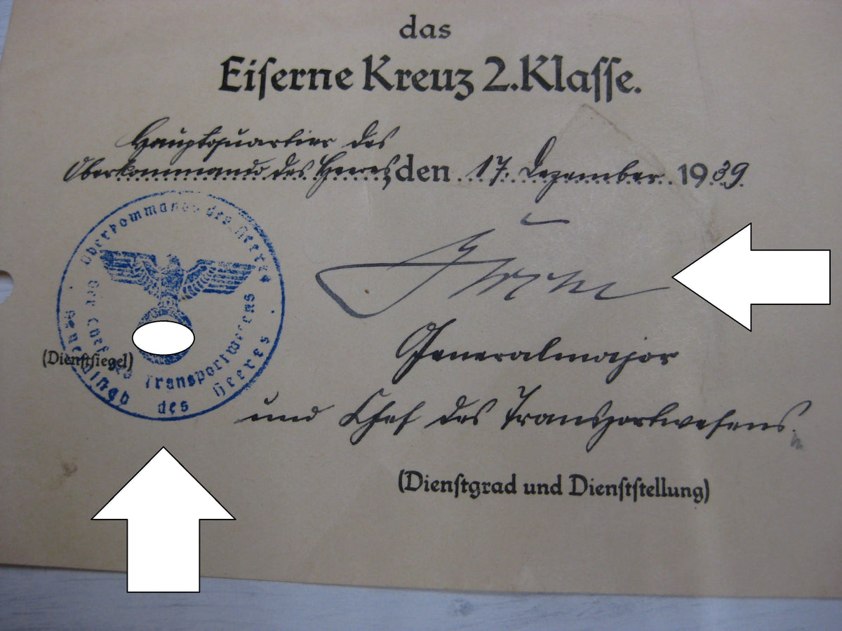 Besitzzeugnis Verleihungsurkunden Eisernes Kreuz Orden Wehrmacht Verleihung im Polenfeldzug