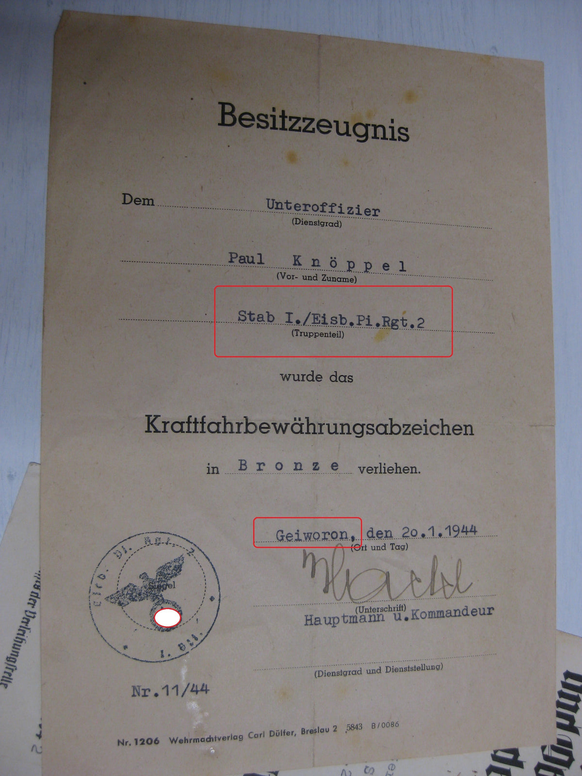 Besitzzeugnis Verleihungsurkunden Eisernes Kreuz Orden Wehrmacht Verleihung im Polenfeldzug