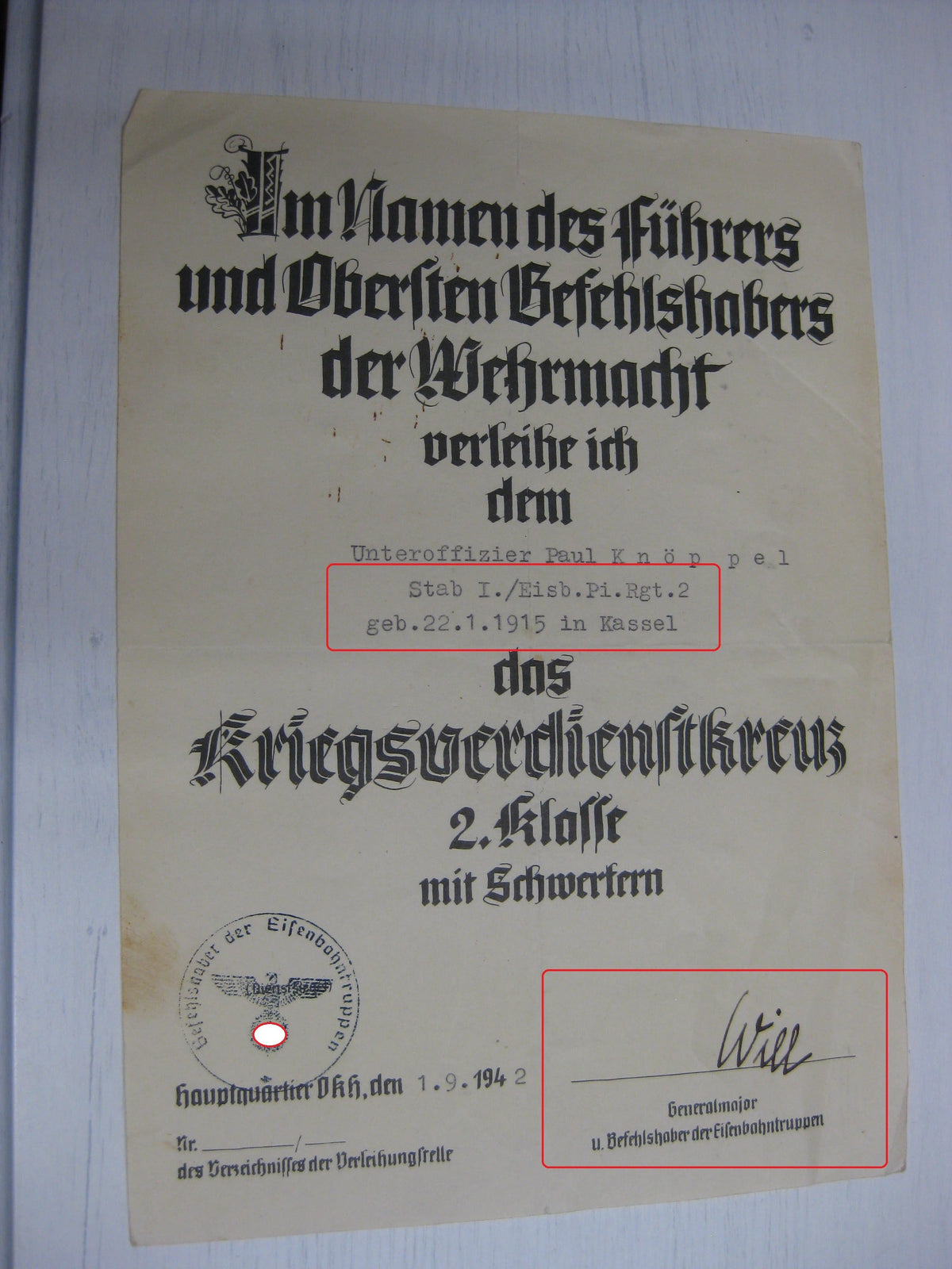Besitzzeugnis Verleihungsurkunden Eisernes Kreuz Orden Wehrmacht Verleihung im Polenfeldzug