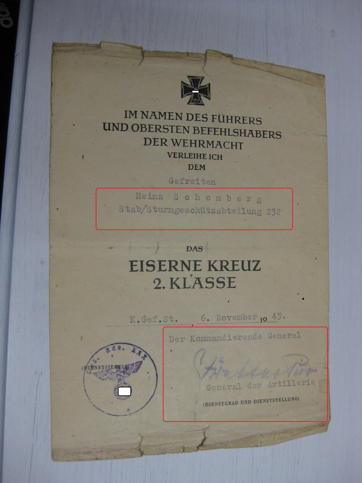 Besitzzeugnis Verleihungsurkunden Panzerartillerie Panzerjäger Sturmartillerie