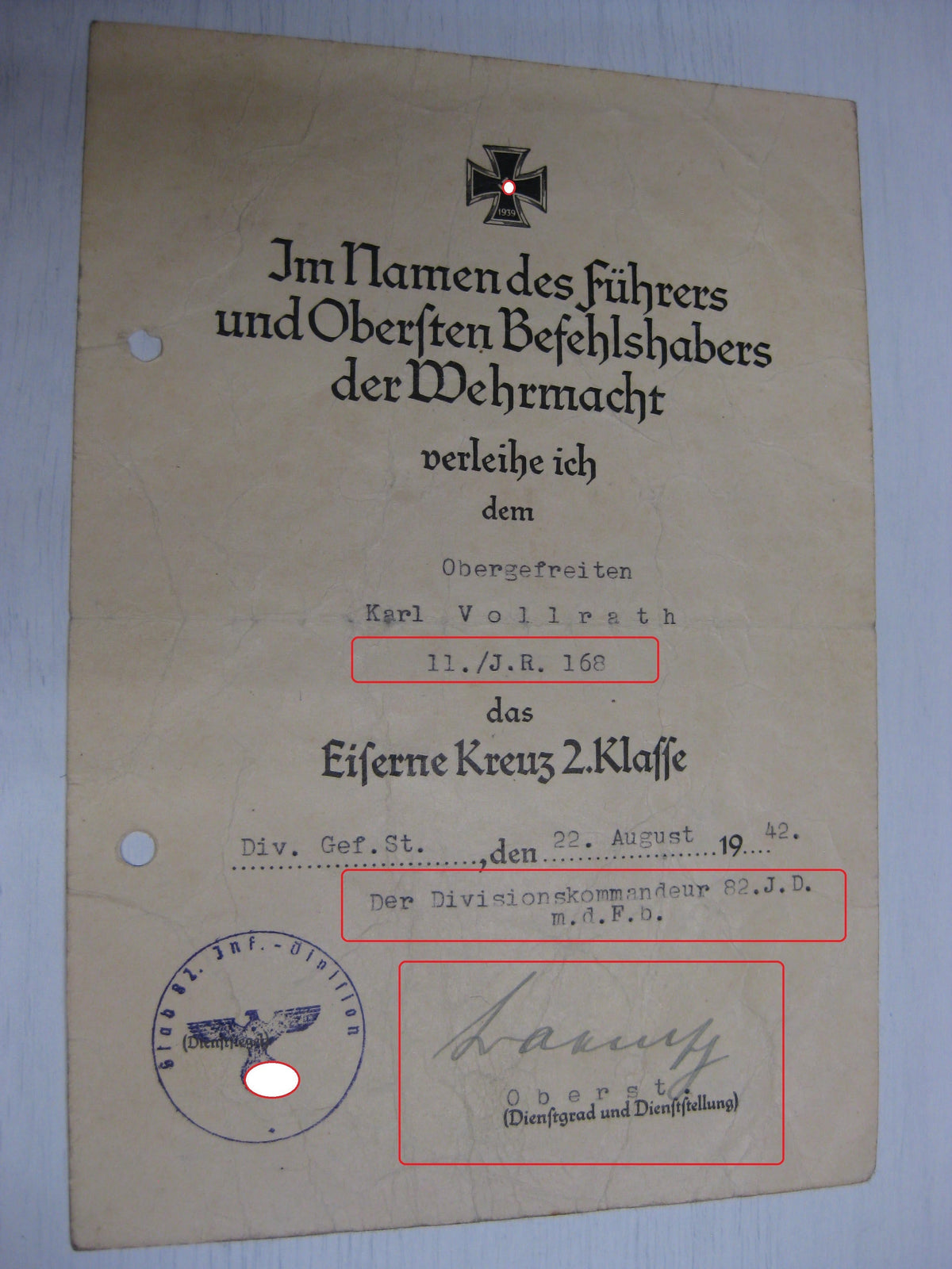 Erkennungsmarke Besitzzeugnis seltene VARIANTE Verleihungsurkunden EK2/39 Konvolut