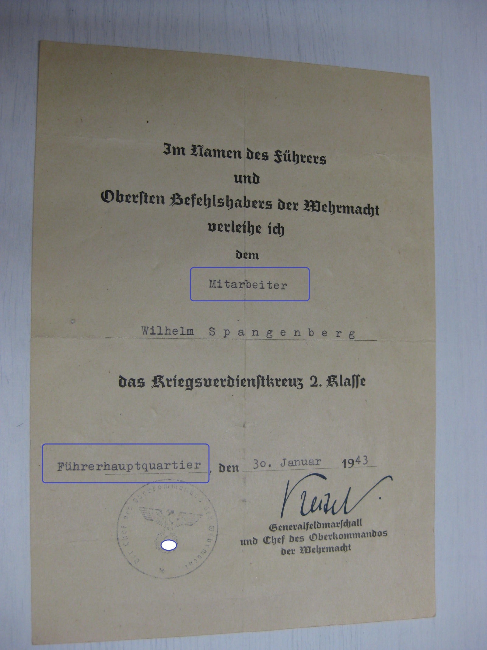 Verleihungsurkunde Besitzzeugnis Führerhauptquartier !!