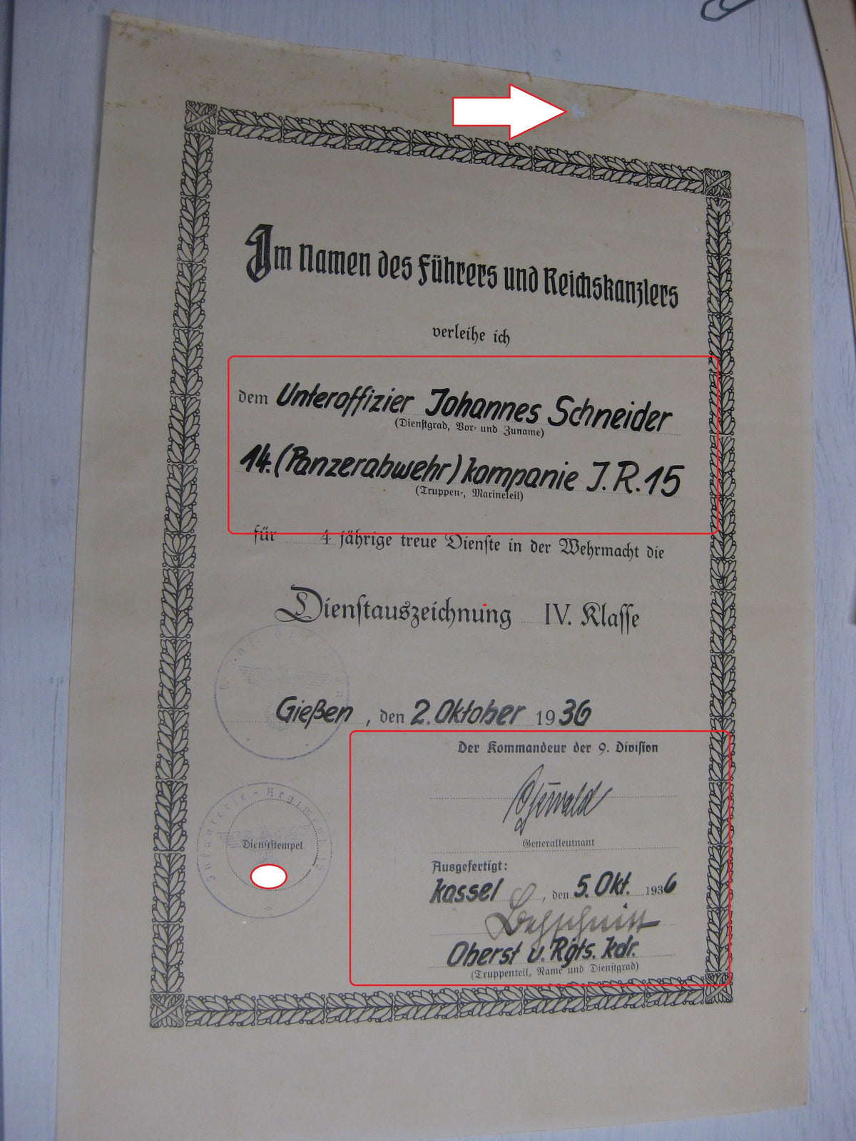 Besitzzeugnis Verleihungsurkunde Medaille DA 4 Jahre Wehrmacht Kassel Gießen