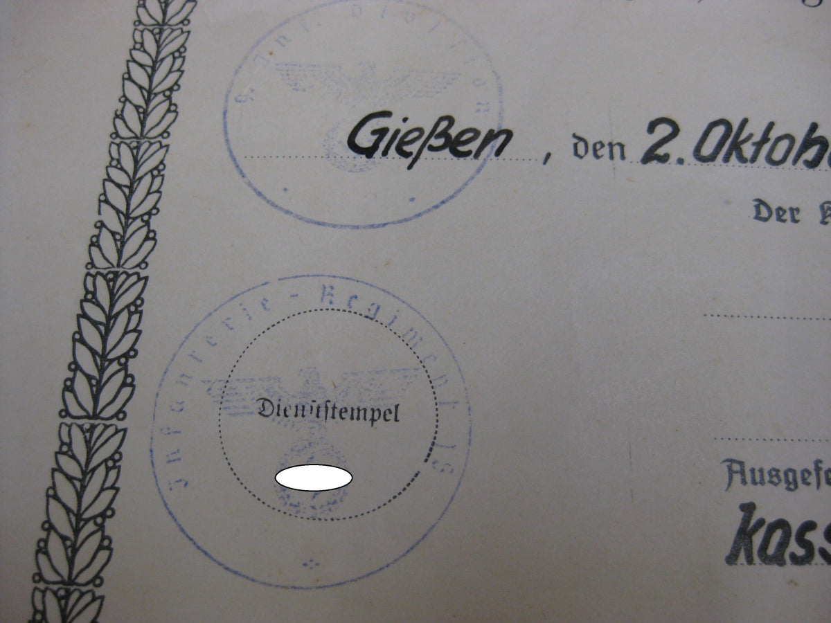 Besitzzeugnis Verleihungsurkunde Medaille DA 4 Jahre Wehrmacht Kassel Gießen