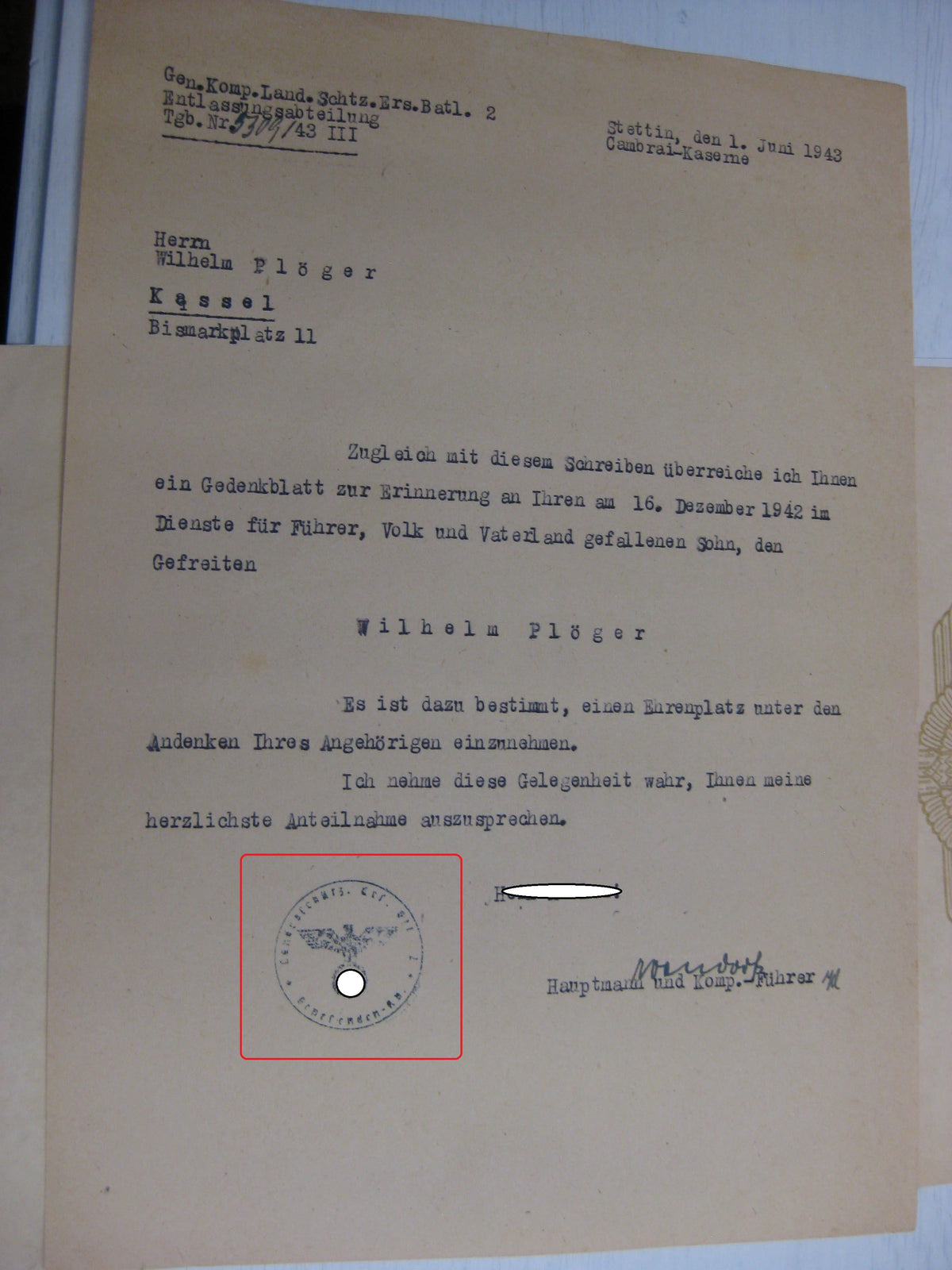 Gefallenenurkunde Wehrmacht gefallen in Russland