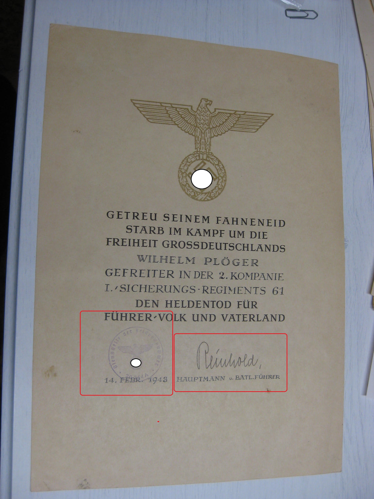 Gefallenenurkunde Wehrmacht gefallen in Russland