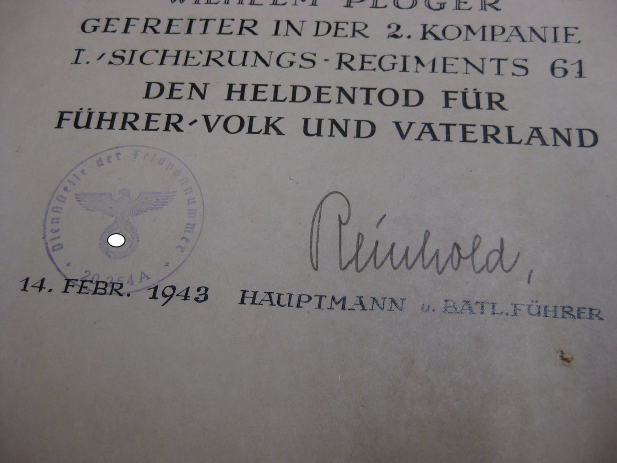 Gefallenenurkunde Wehrmacht gefallen in Russland